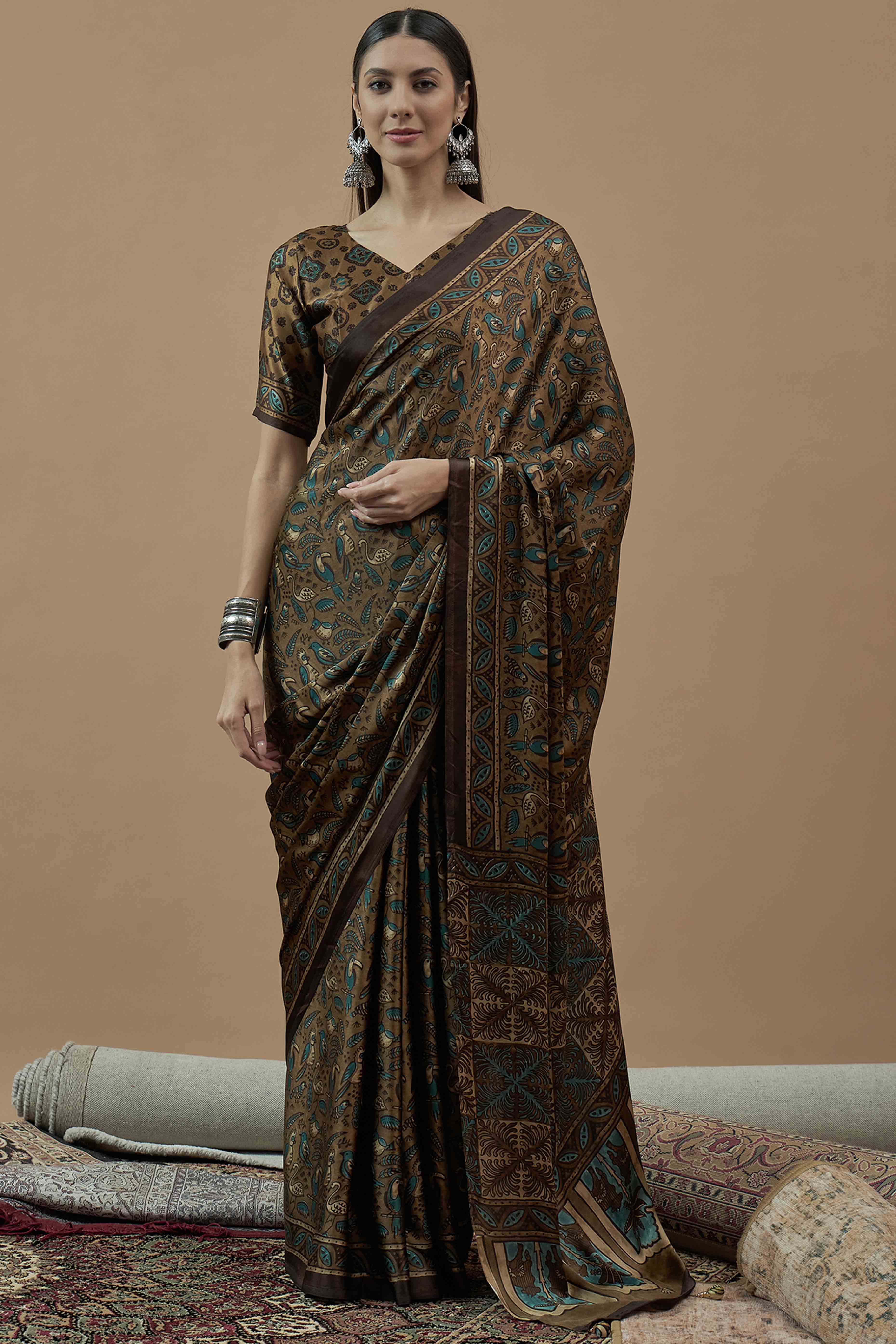 Brown Ajrakh Printed Satin Saree With Tassels