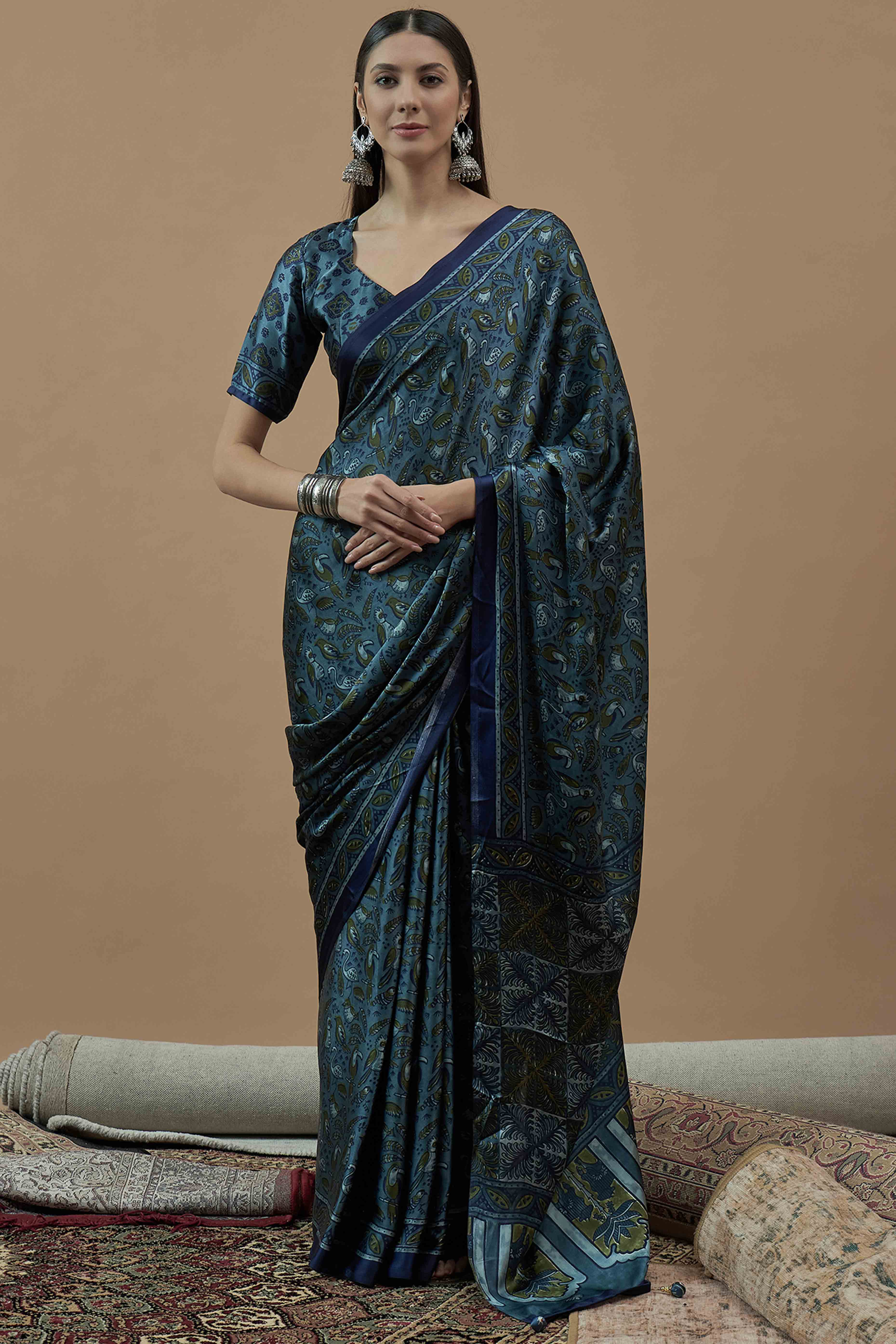 Blue Ajrakh Printed Satin Saree With Tassels