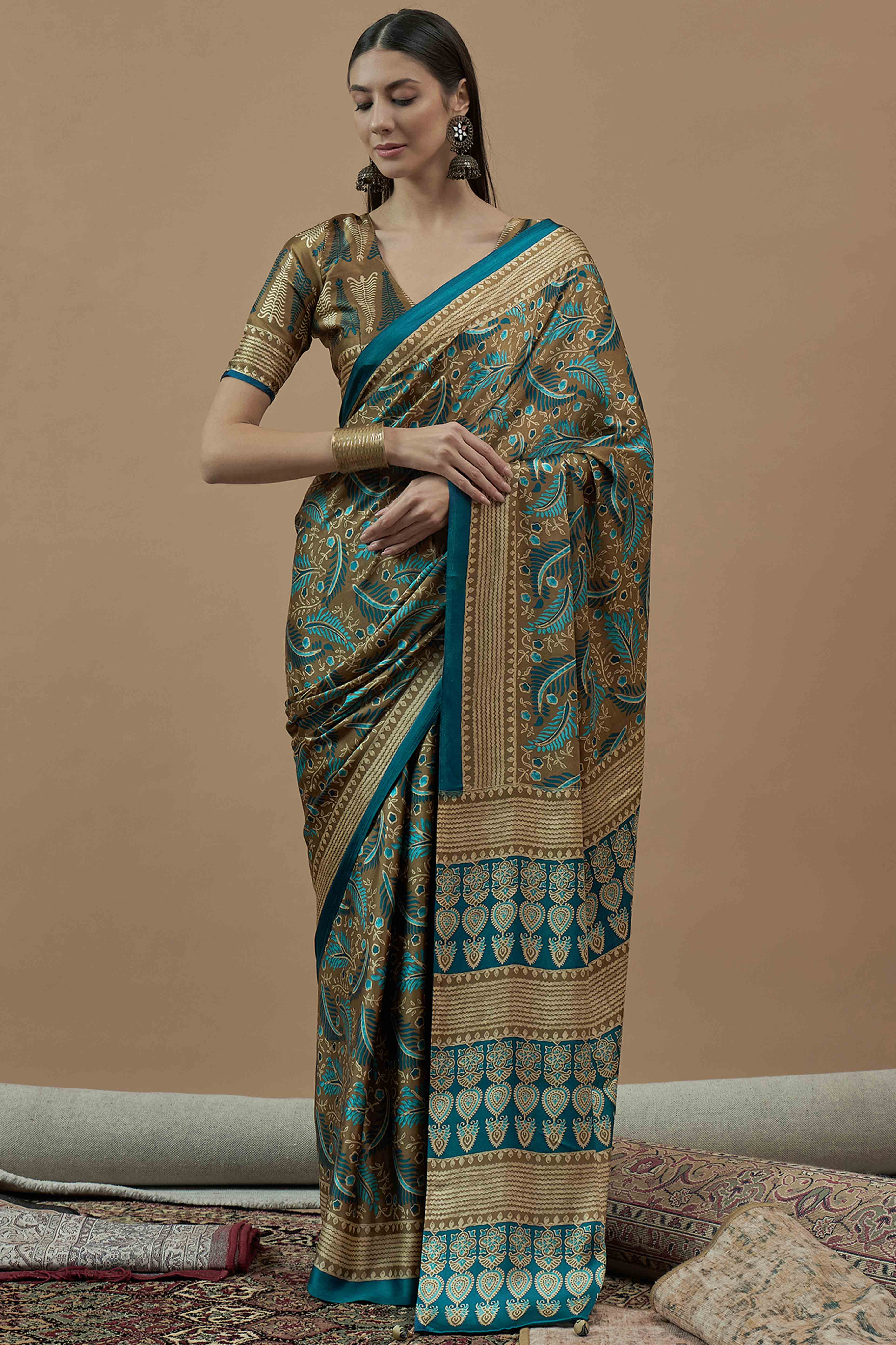 Brown & Morpich Ajrakh Printed Satin Saree With Tassels