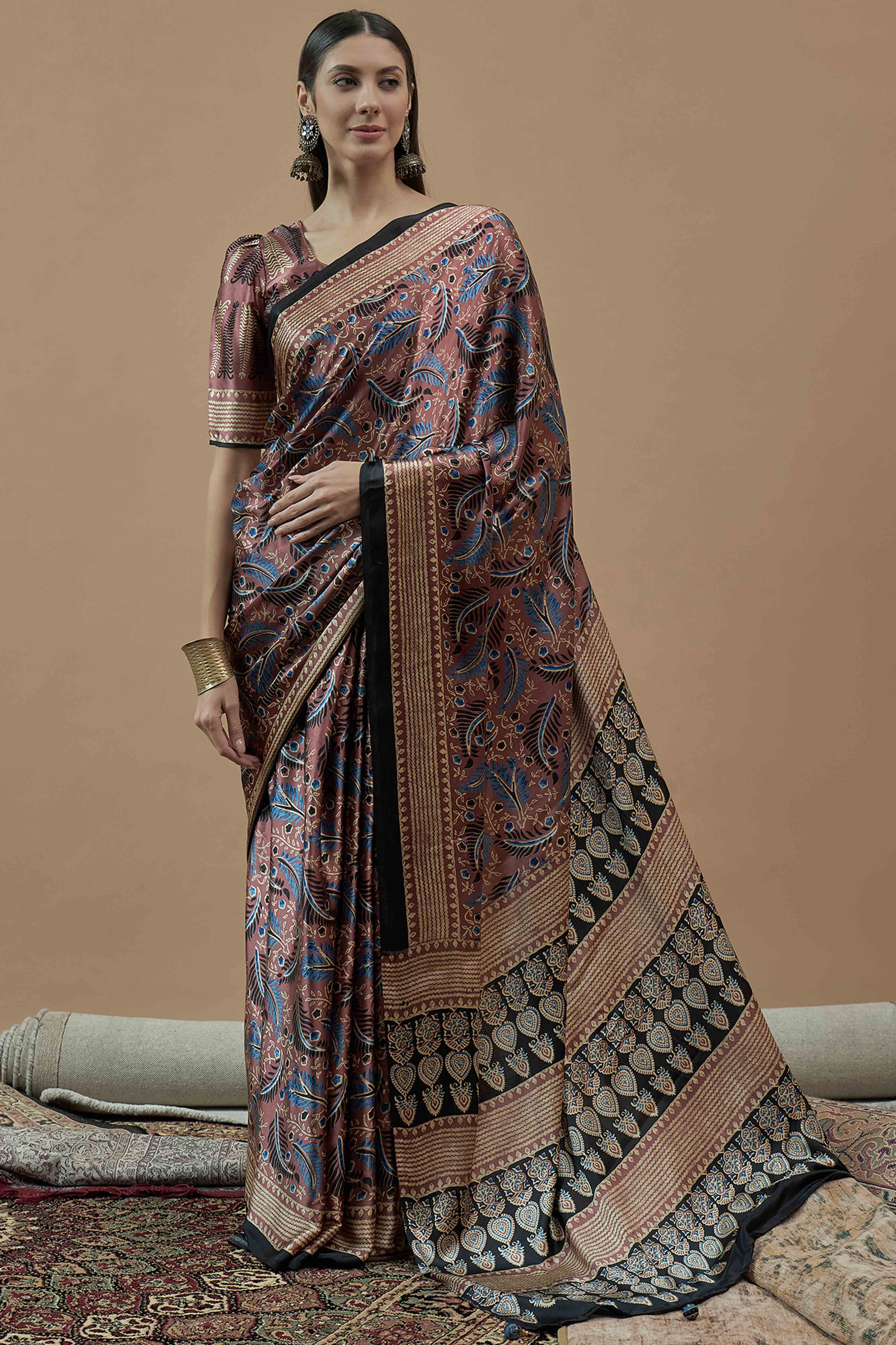 Mauve Ajrakh Printed Satin Saree With Tassels