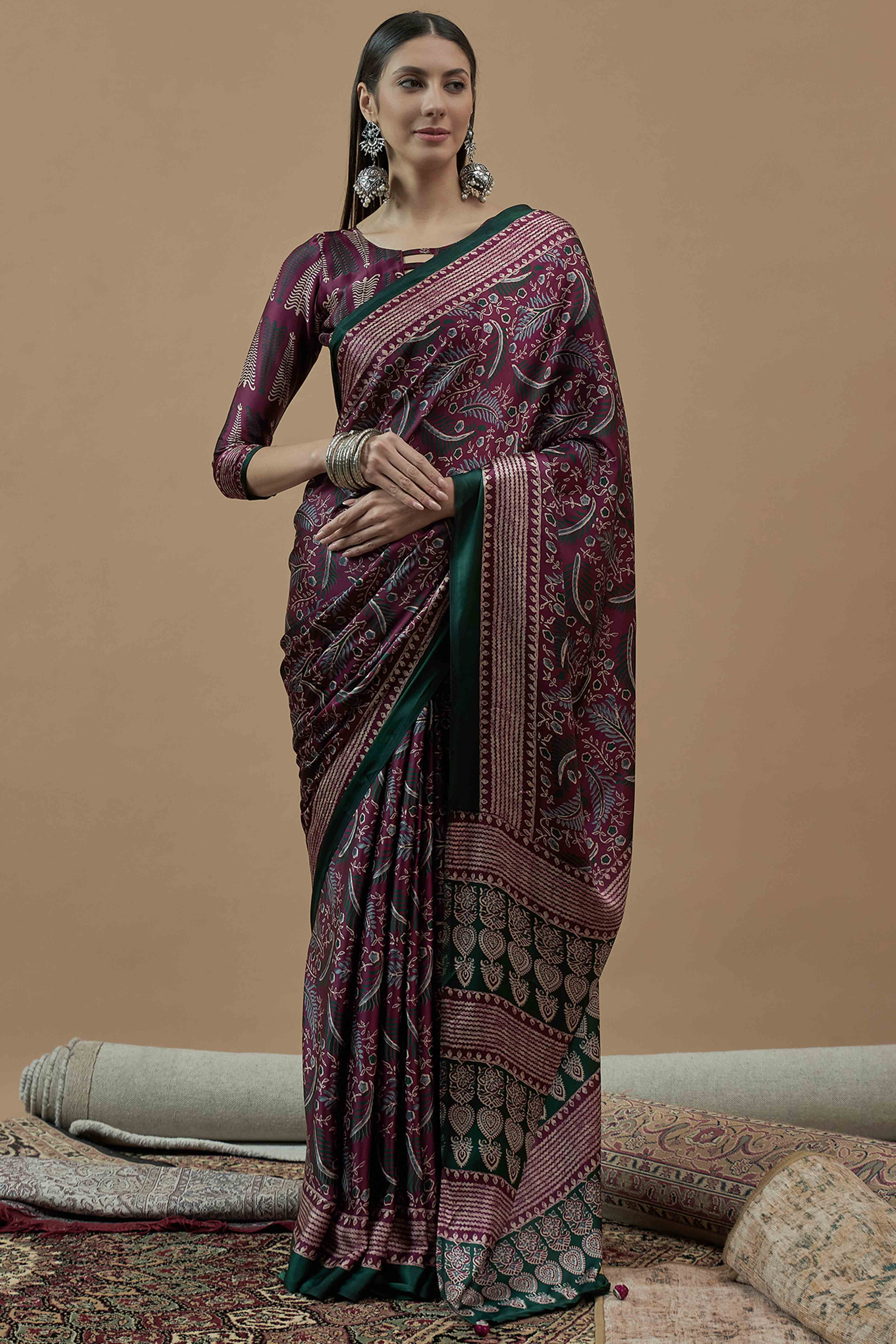 Wine & Green Ajrakh Printed Satin Saree With Tassels