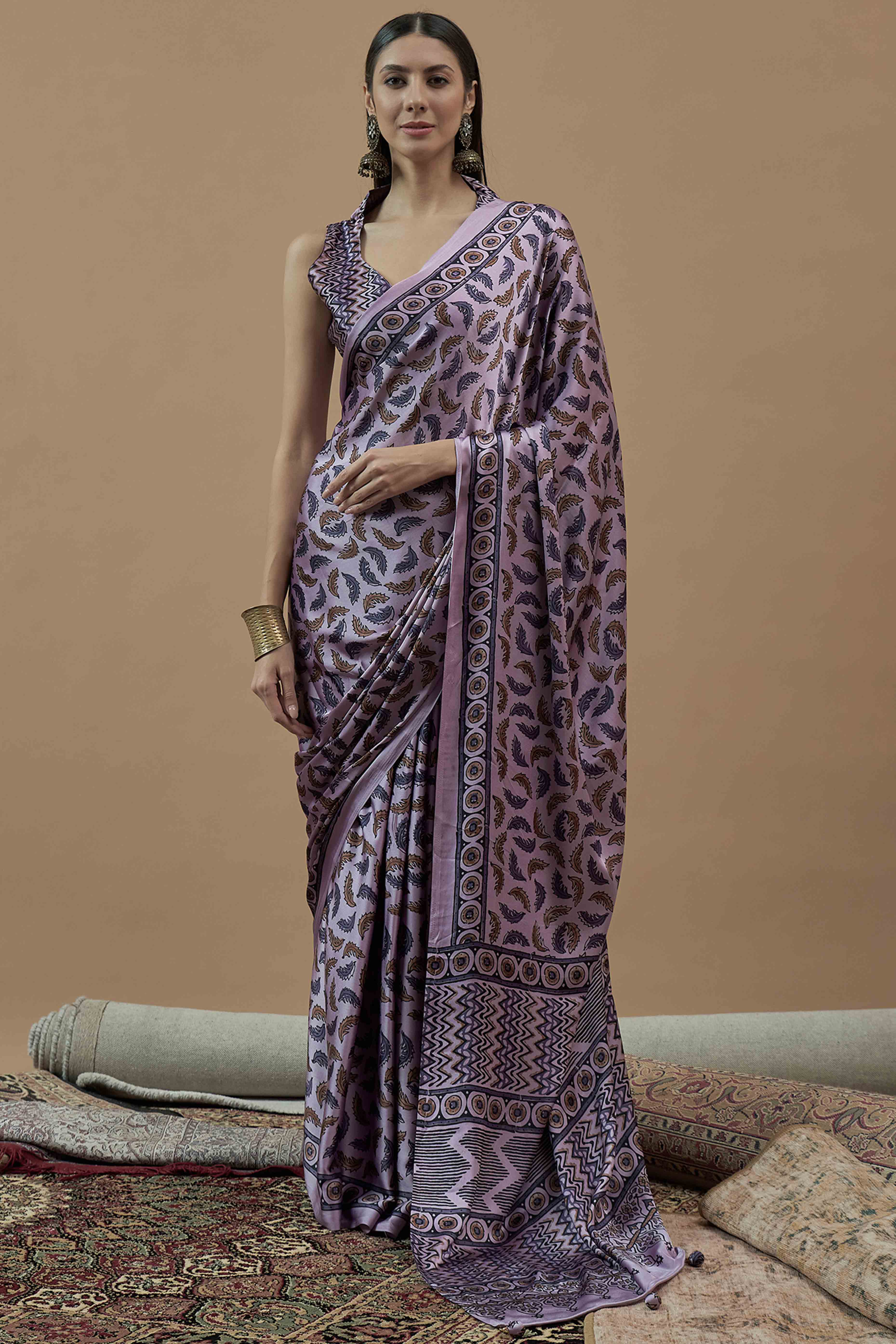 Lavender Ajrakh Printed Satin Saree With Tassels