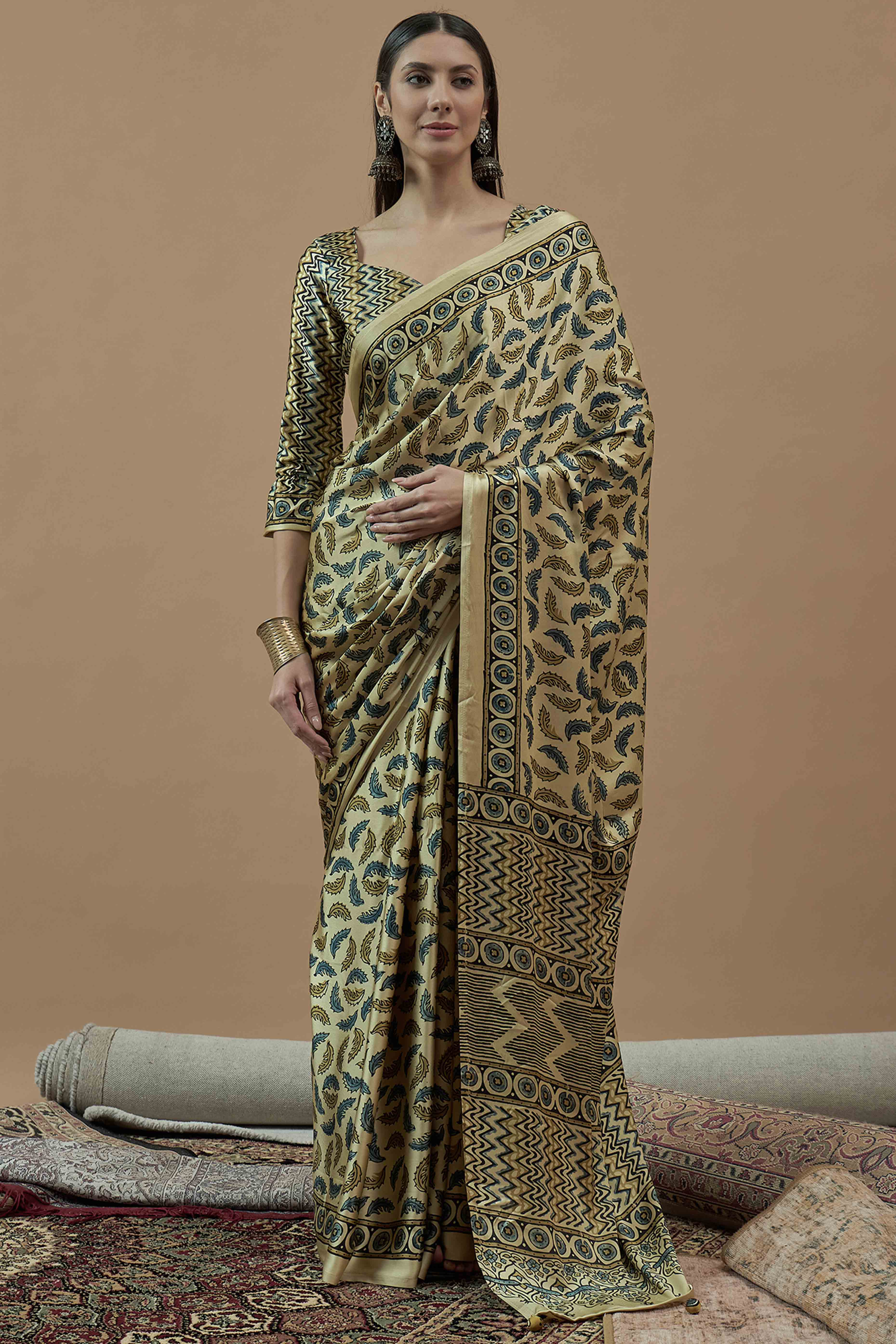 Light Yellow Ajrakh Printed Satin Saree With Tassels