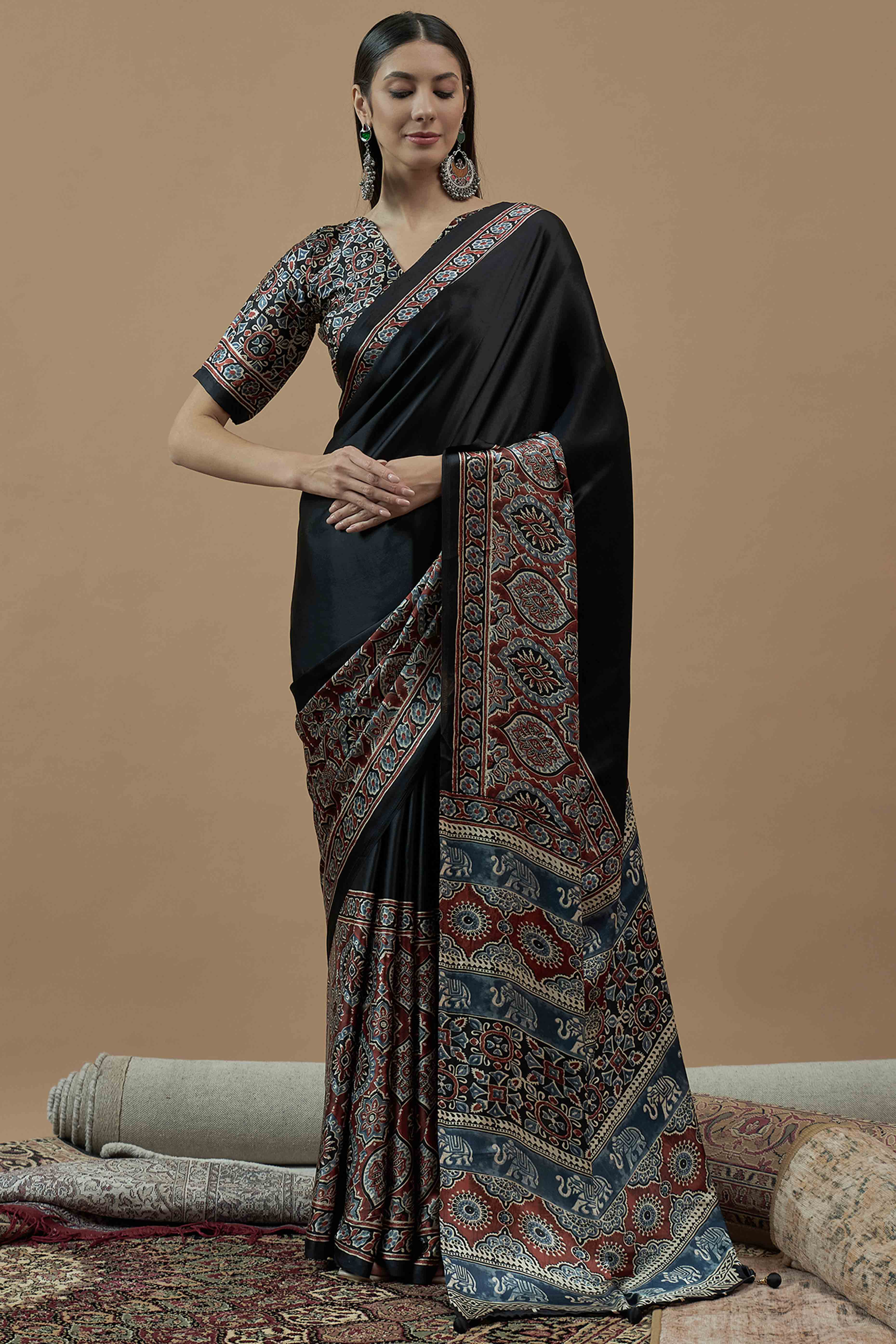 Black Floral Ajrakh Printed Satin Saree With Tassels