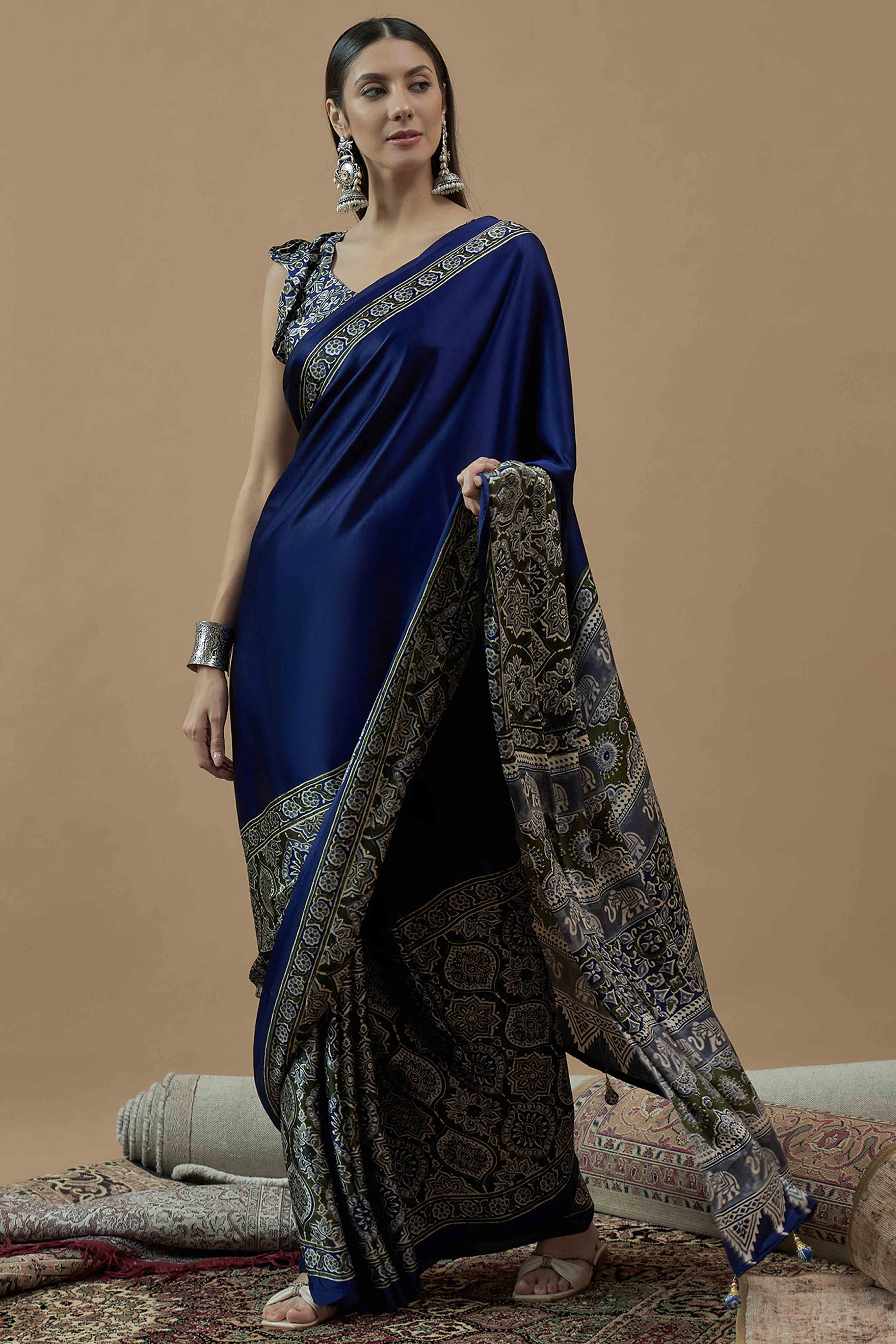 Navy Blue Floral Ajrakh Printed Satin Saree With Tassels