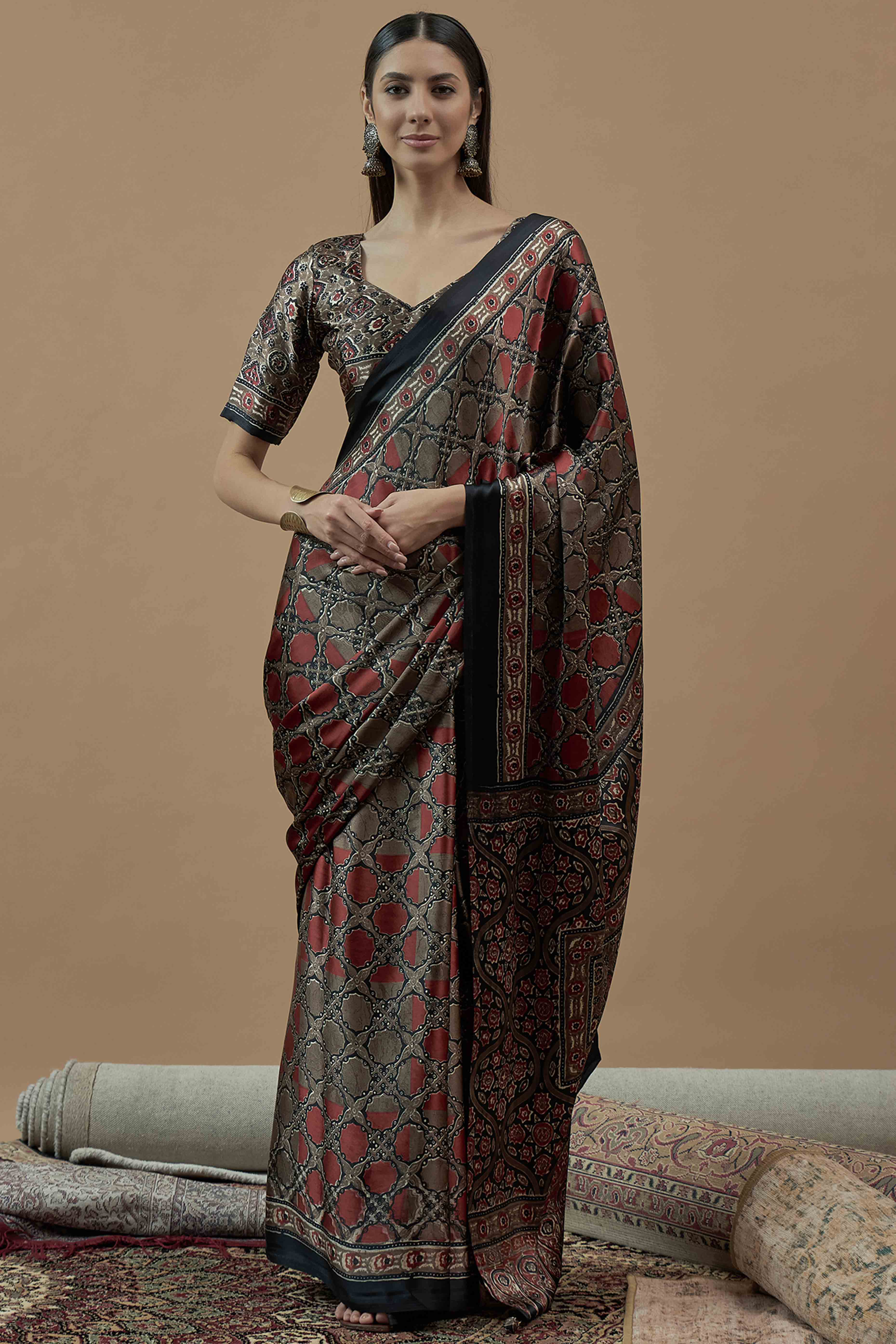Brown Ajrakh Printed Satin Saree With Tassels