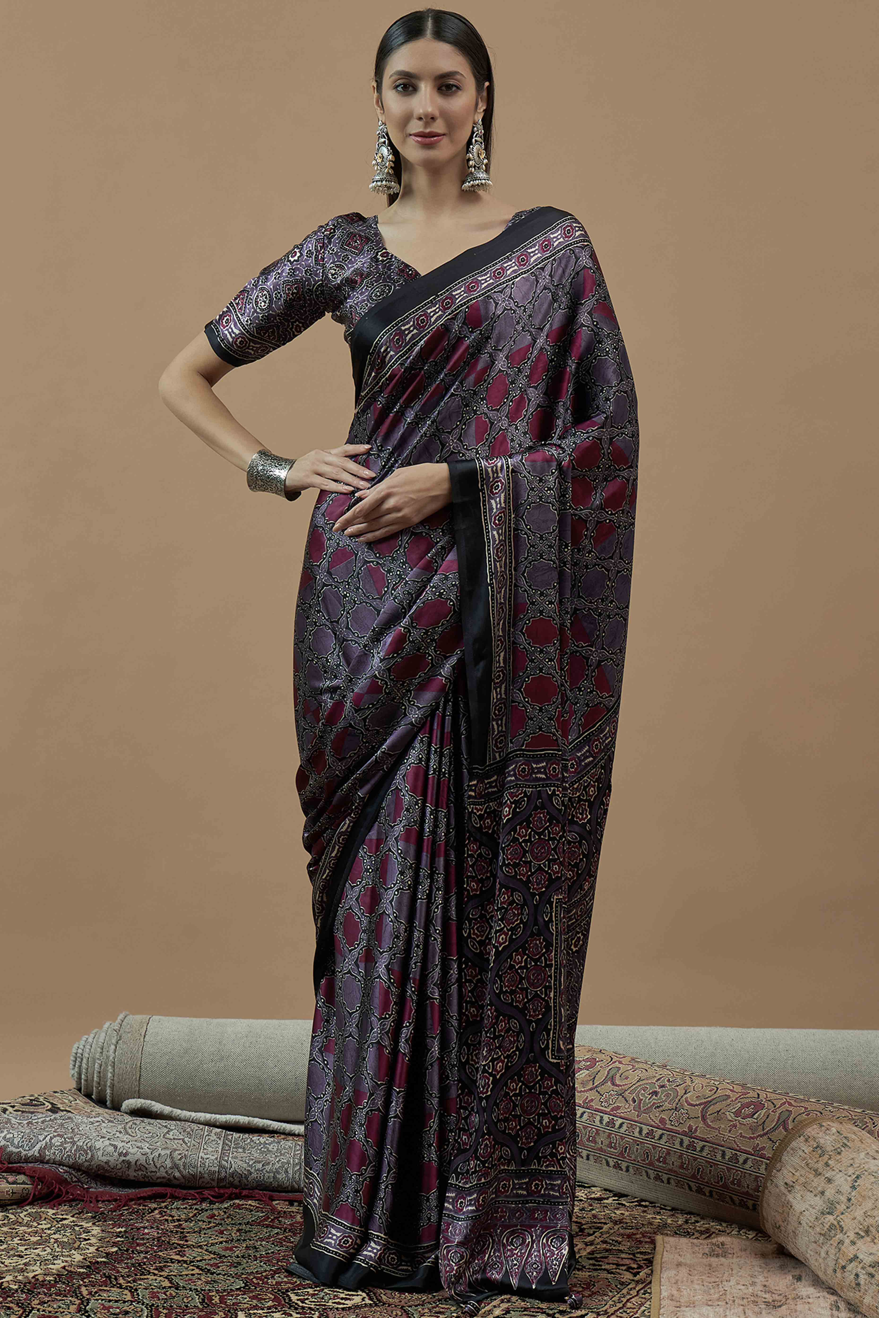 Purple Ajrakh Printed Satin Saree With Tassels