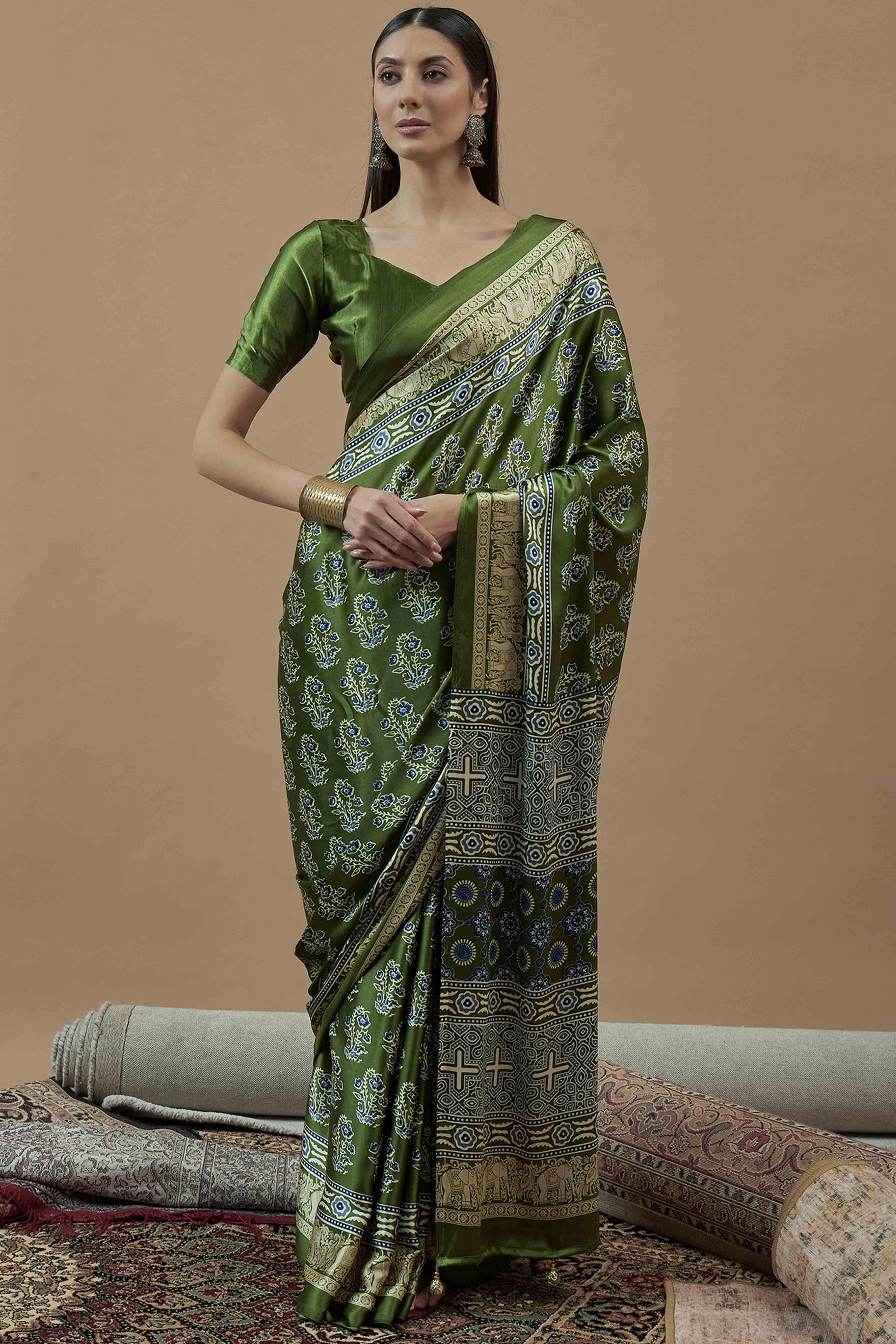 Green Floral Ajrakh Printed Satin Saree With Tassels