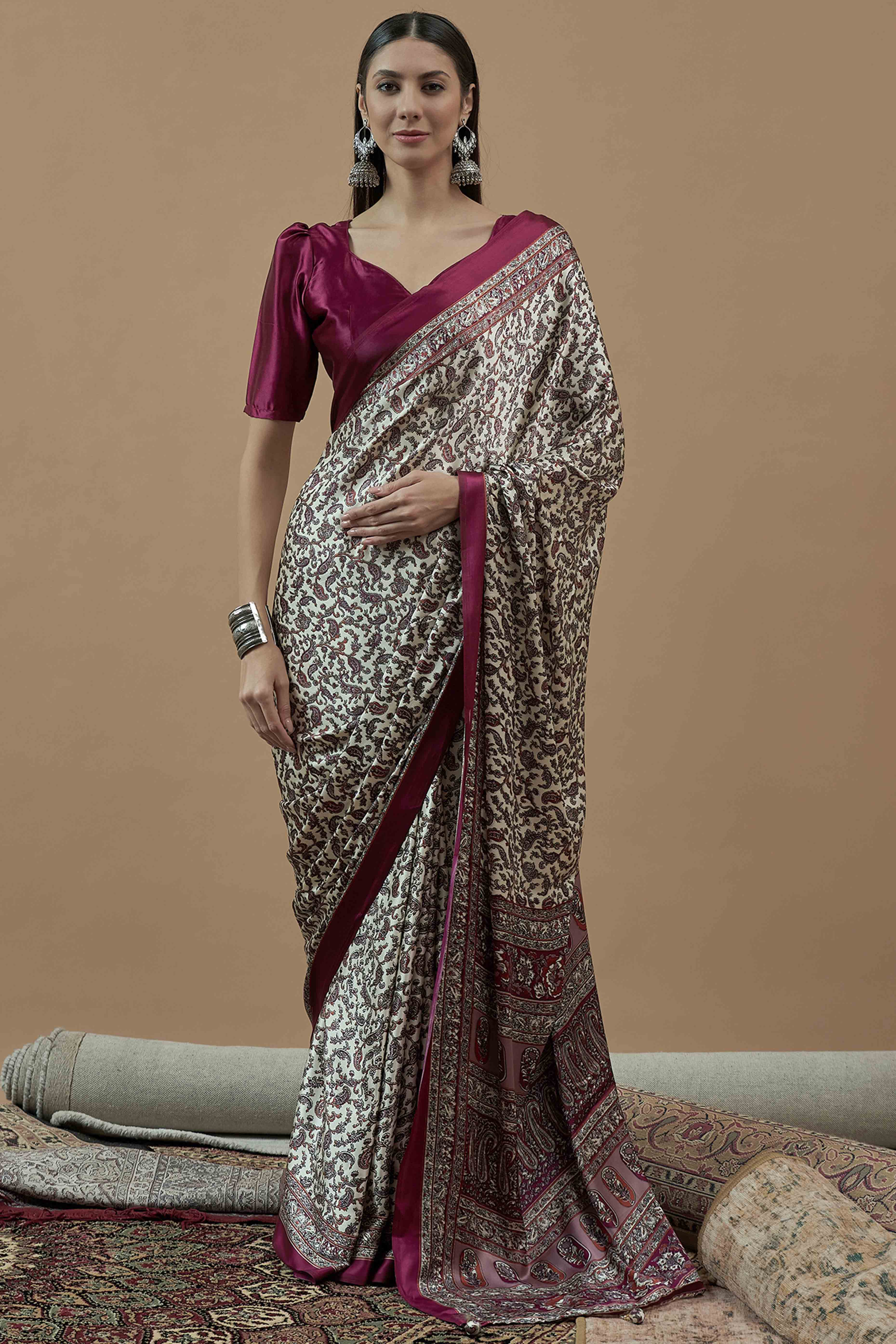 Offwhite & Magenta Floral Ajrakh Printed Satin Saree With Tassels