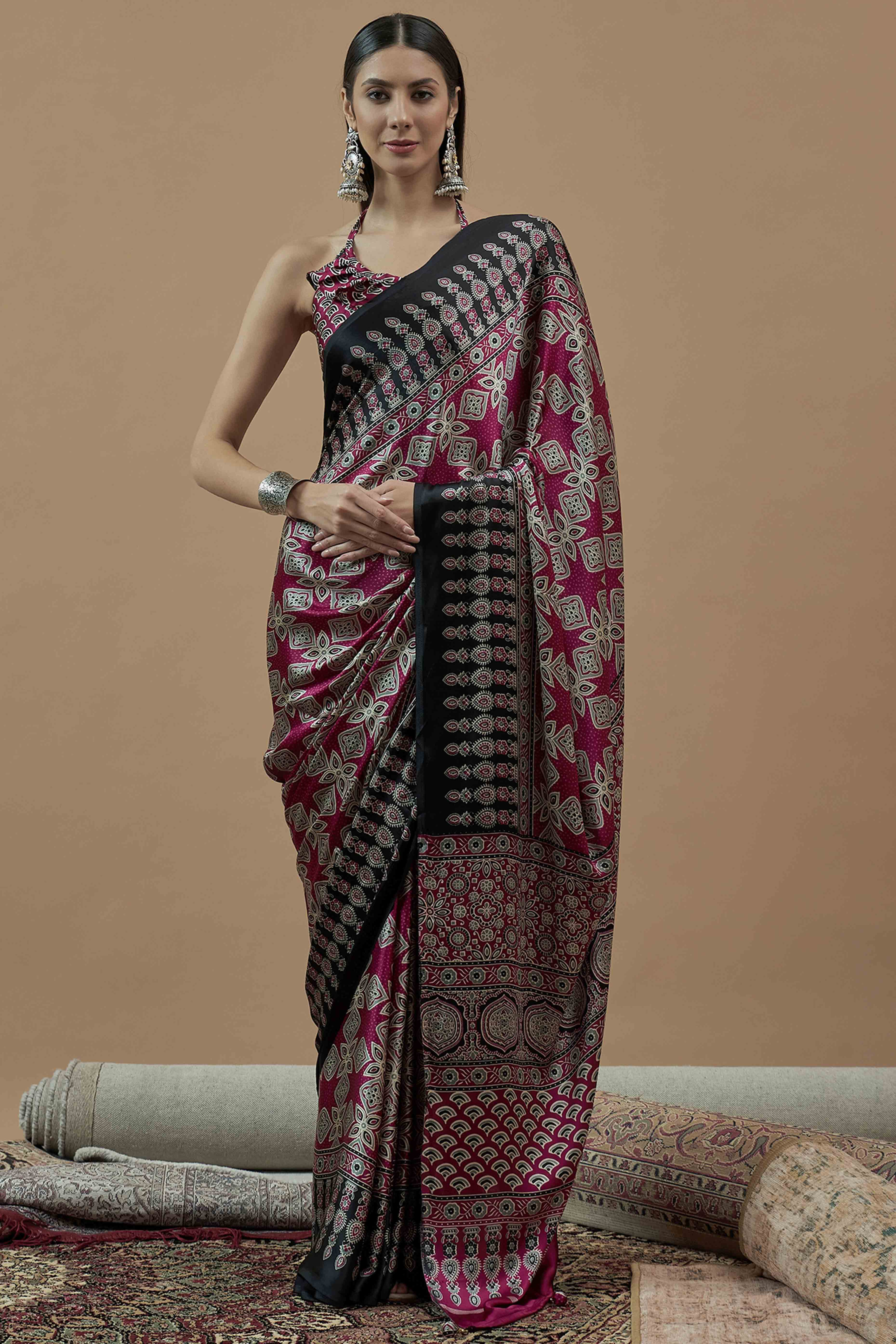 Magenta Floral Ajrakh Printed Satin Saree With Tassels