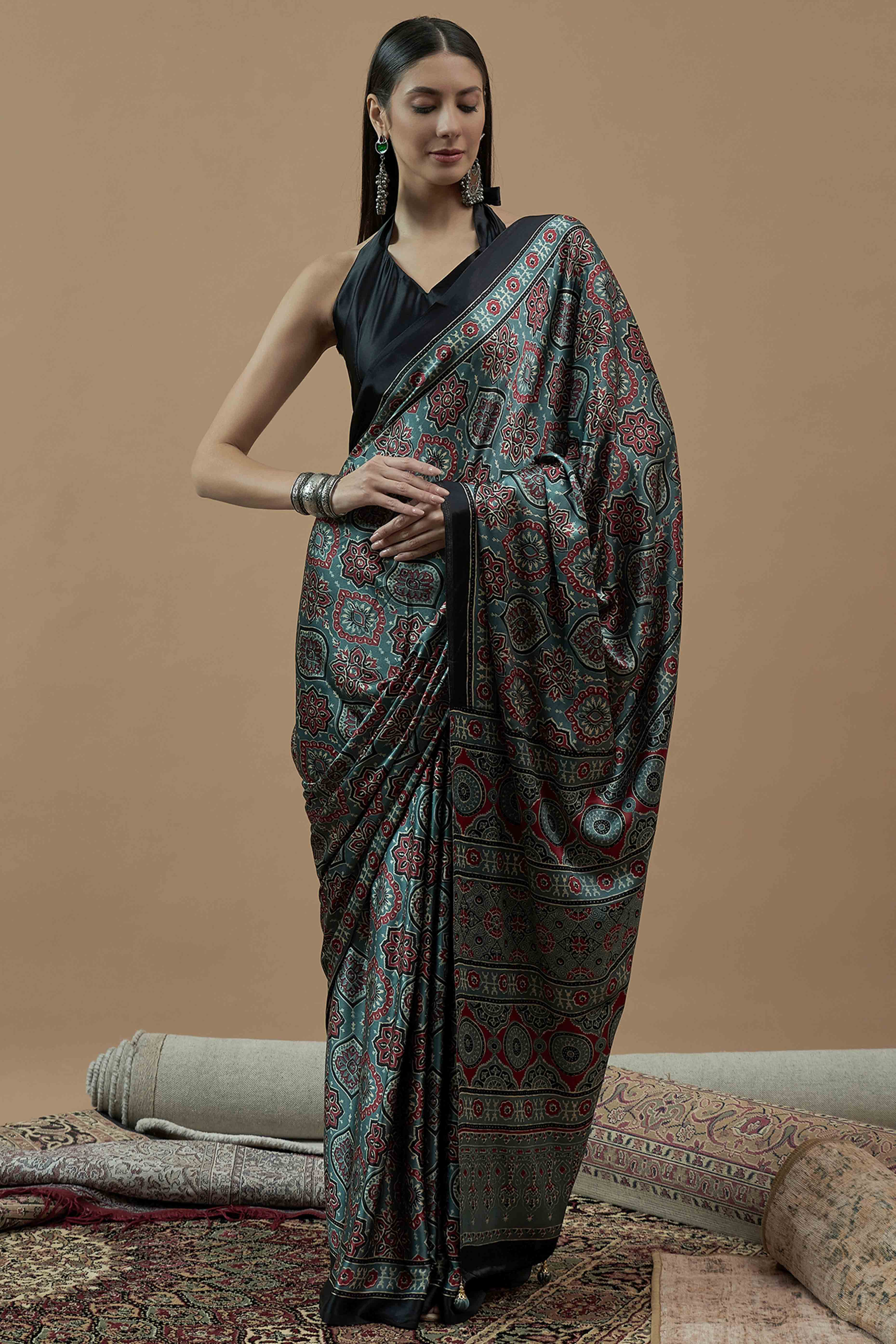 Steel Teal Floral Ajrakh Printed Satin Saree With Tassels