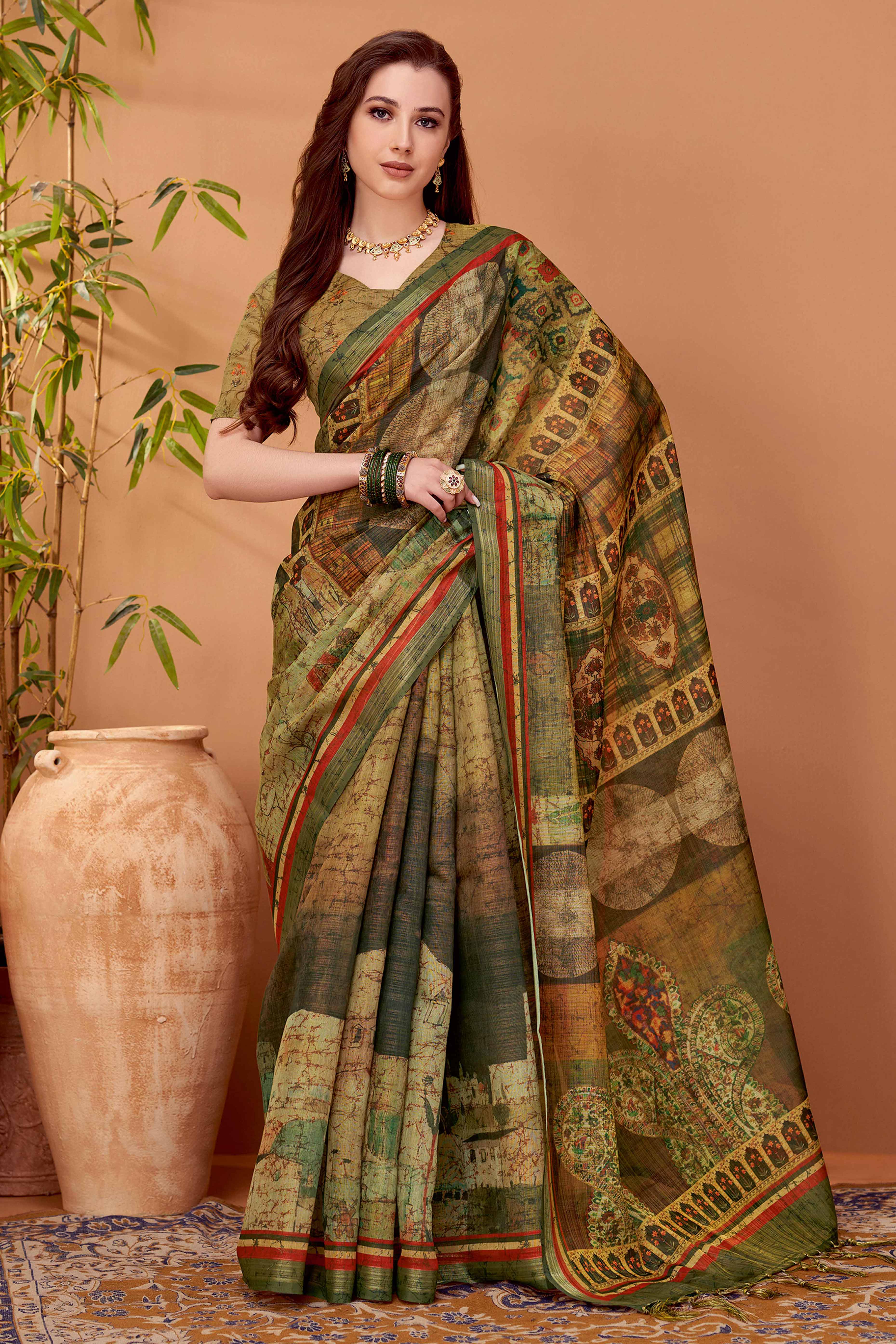Minimalist Green Khadi Linen Saree Featuring Gentle Floral Accents