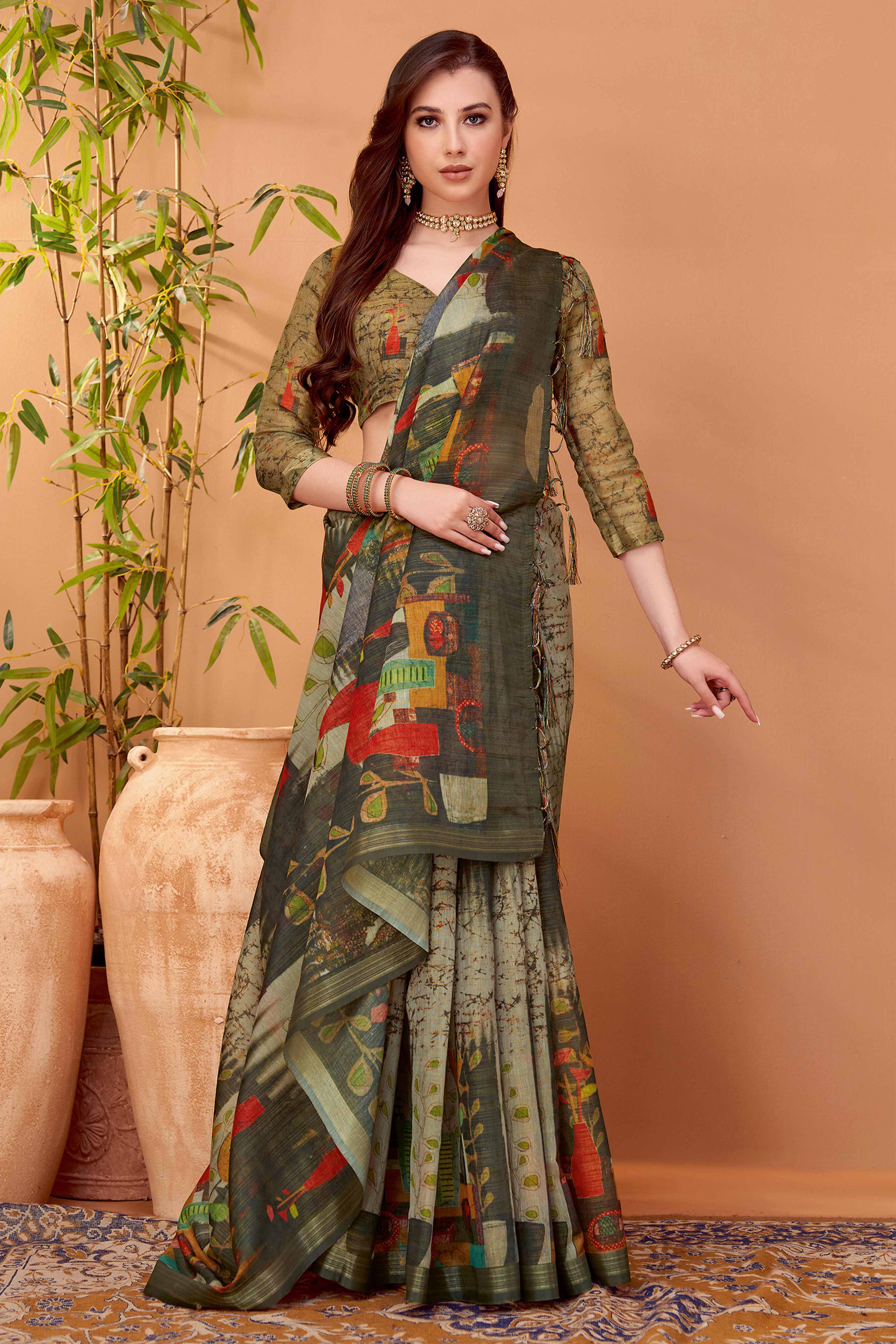 Soft Green Linen Khadi Saree with Delicate Botanical Prints