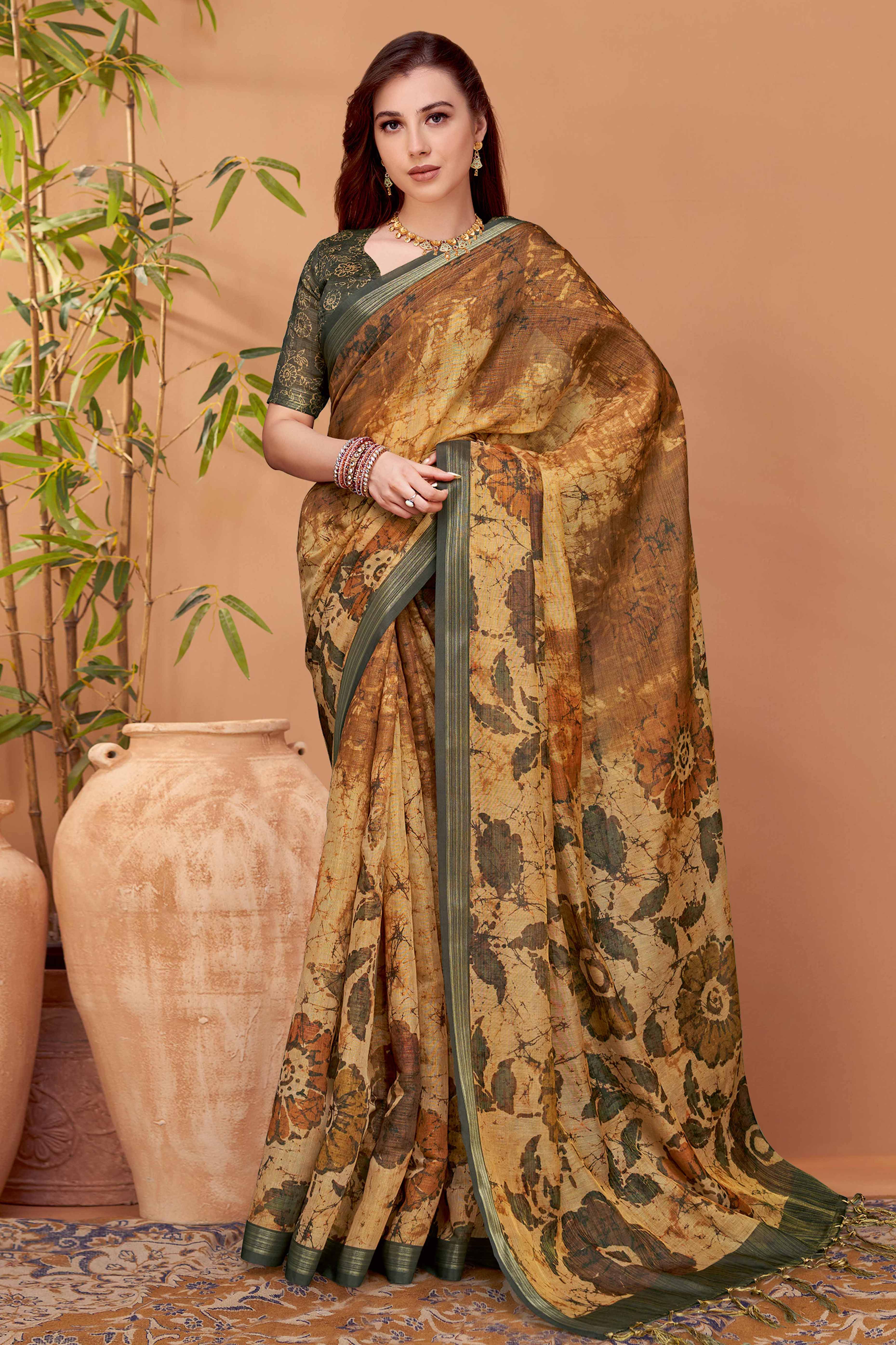 Earthy Beige Linen Khadi Saree Featuring Elegant Floral Prints
