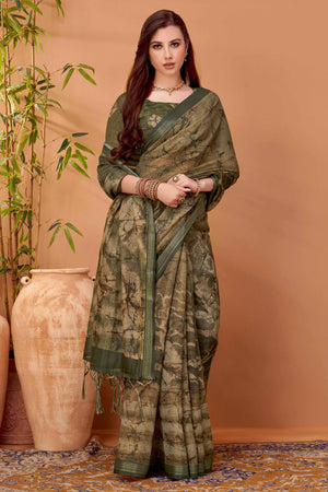 Subtle Green Khadi Saree with Artistic Floral Patterns in Linen Finish
