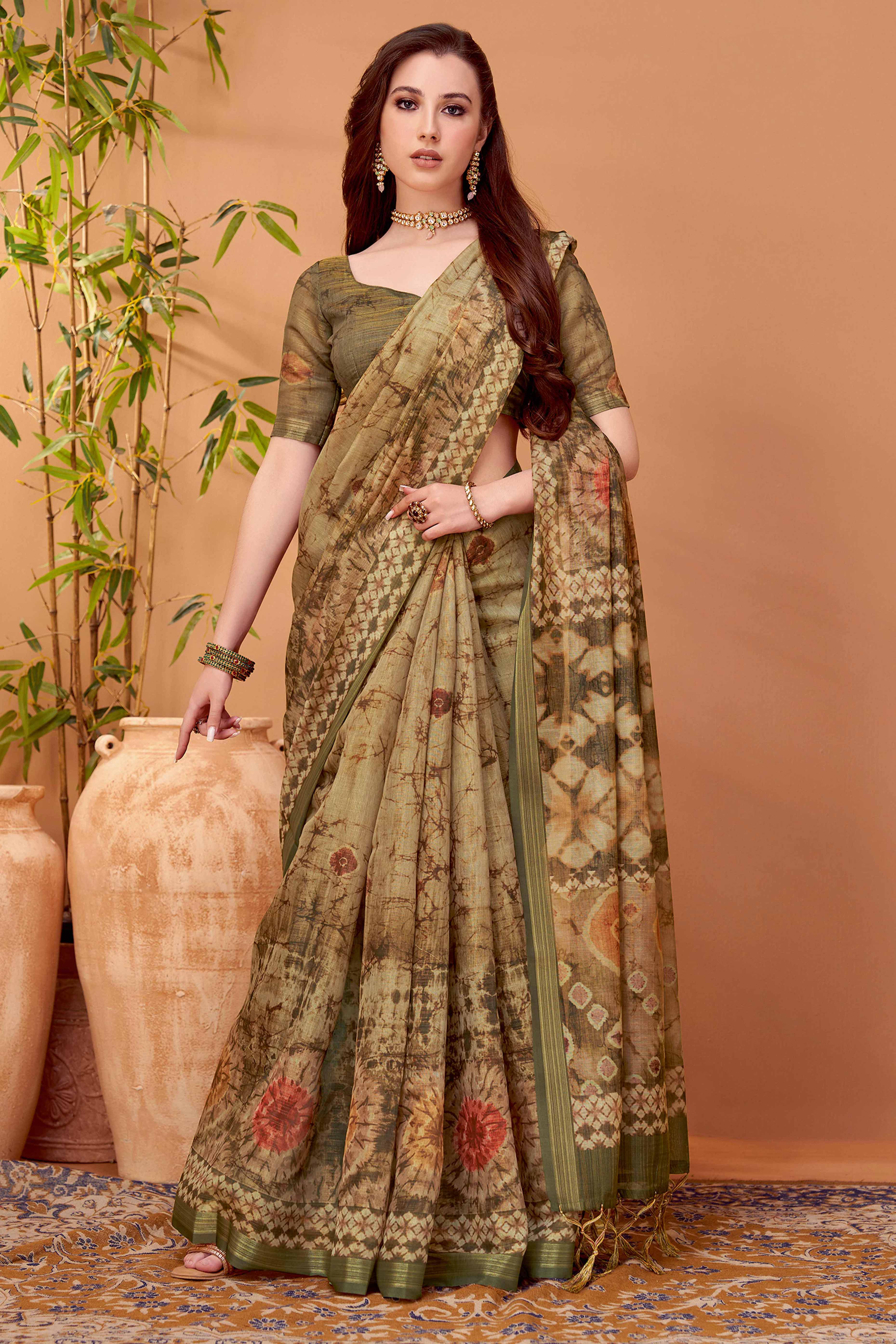 Green Linen Khadi Saree Adorned with Subtle Floral Prints