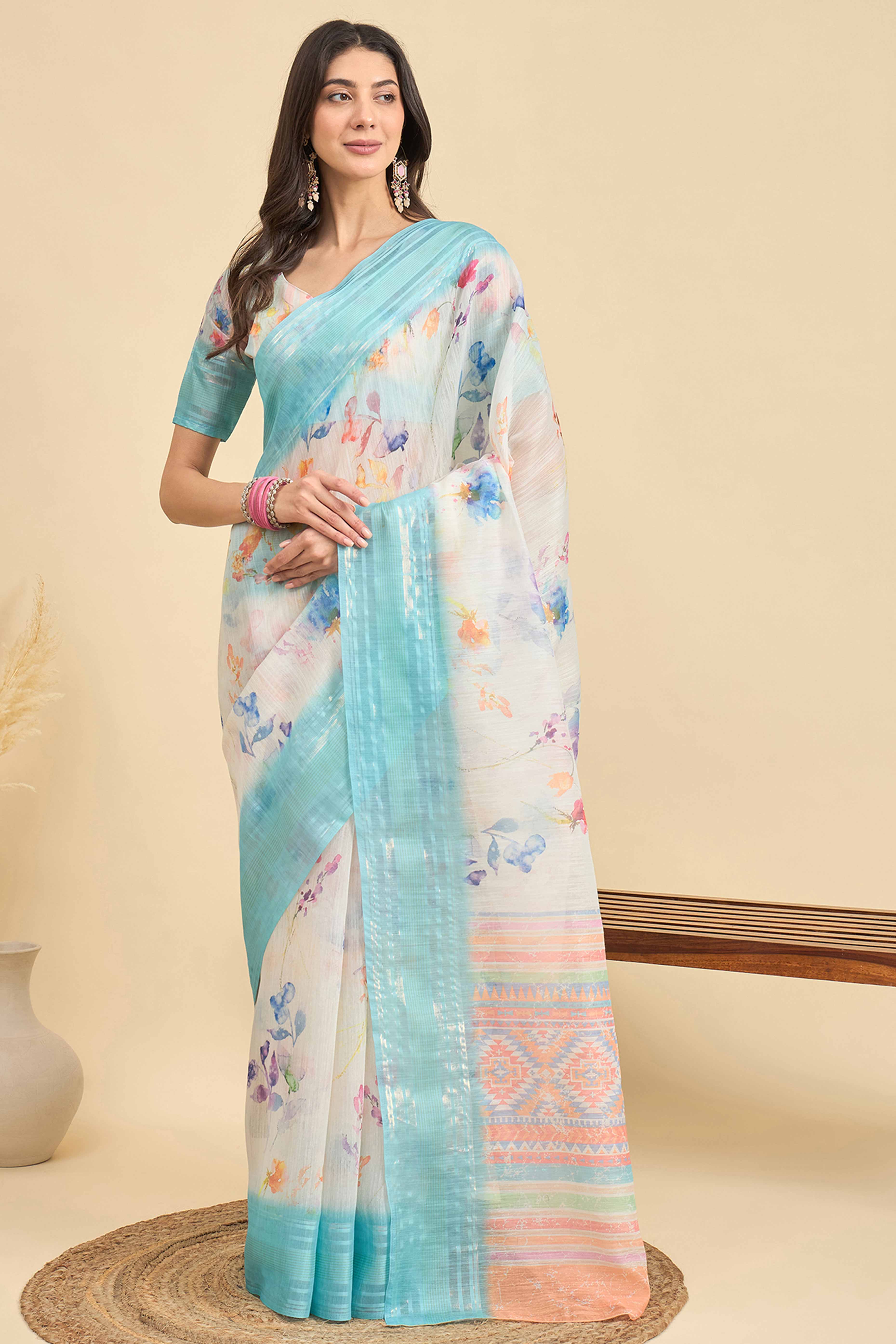 White & Blue Floral Printed Soft Linen Saree