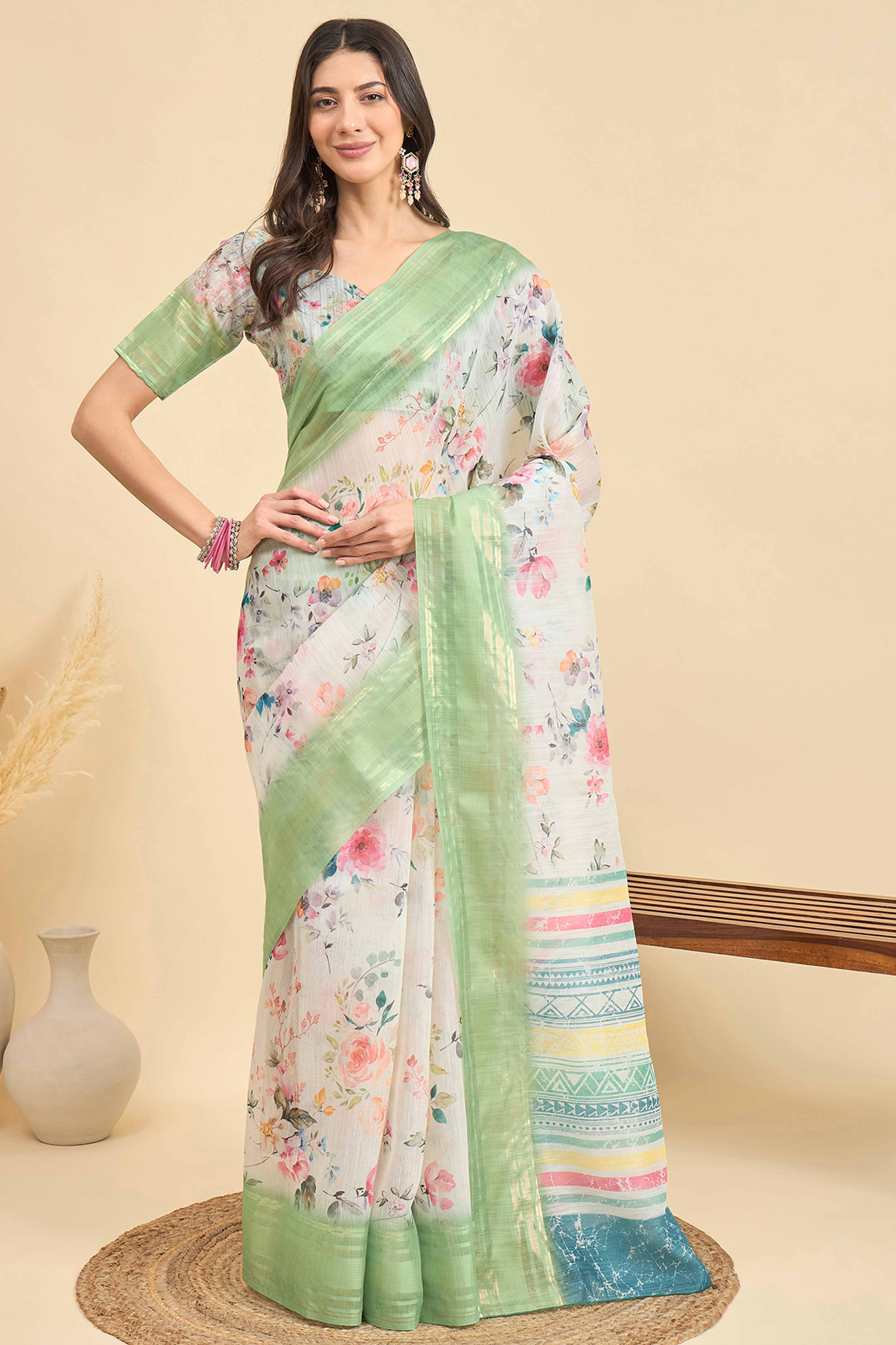 White & Green Floral Printed Soft Linen Saree