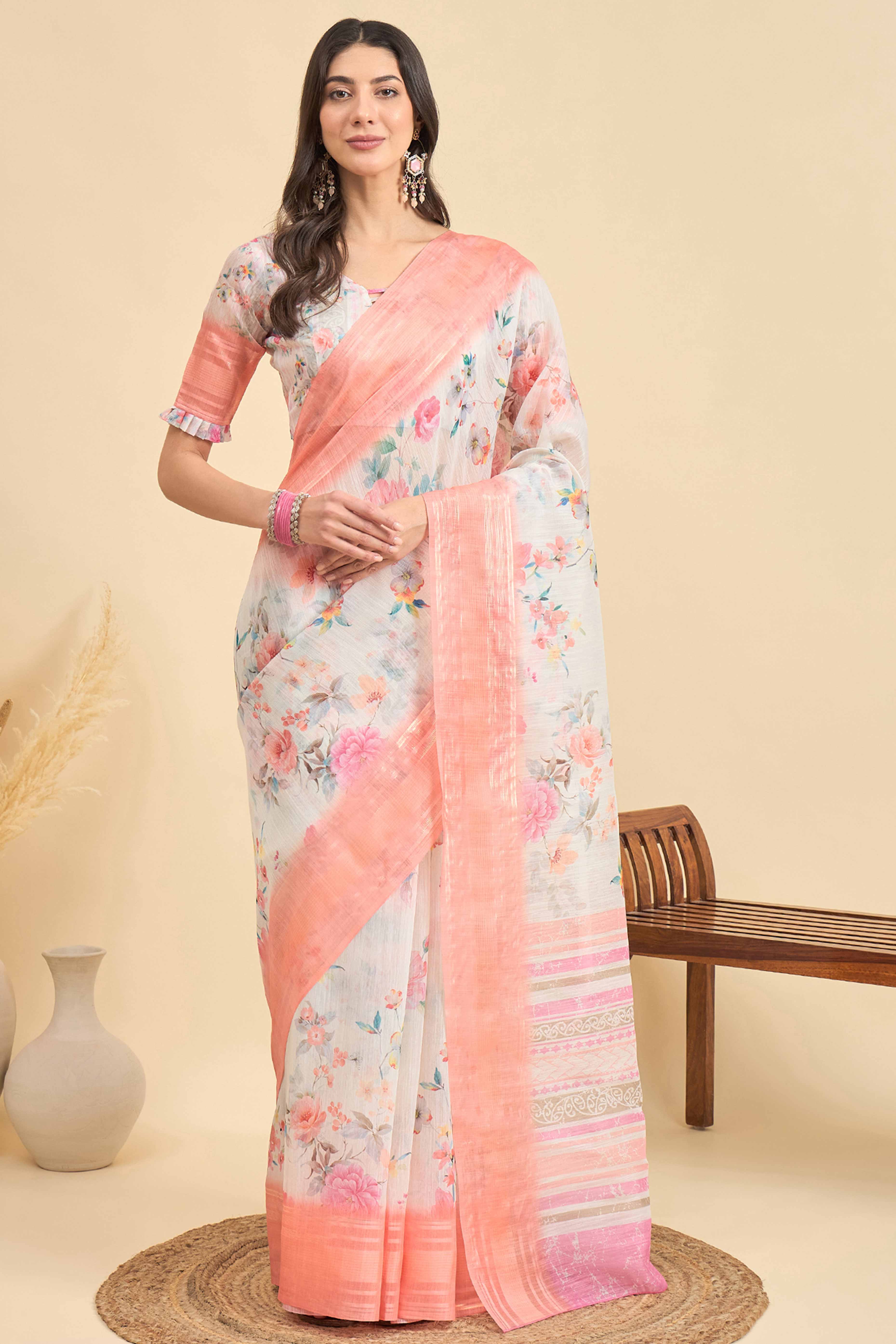 White & Peach Floral Printed Soft Linen Saree