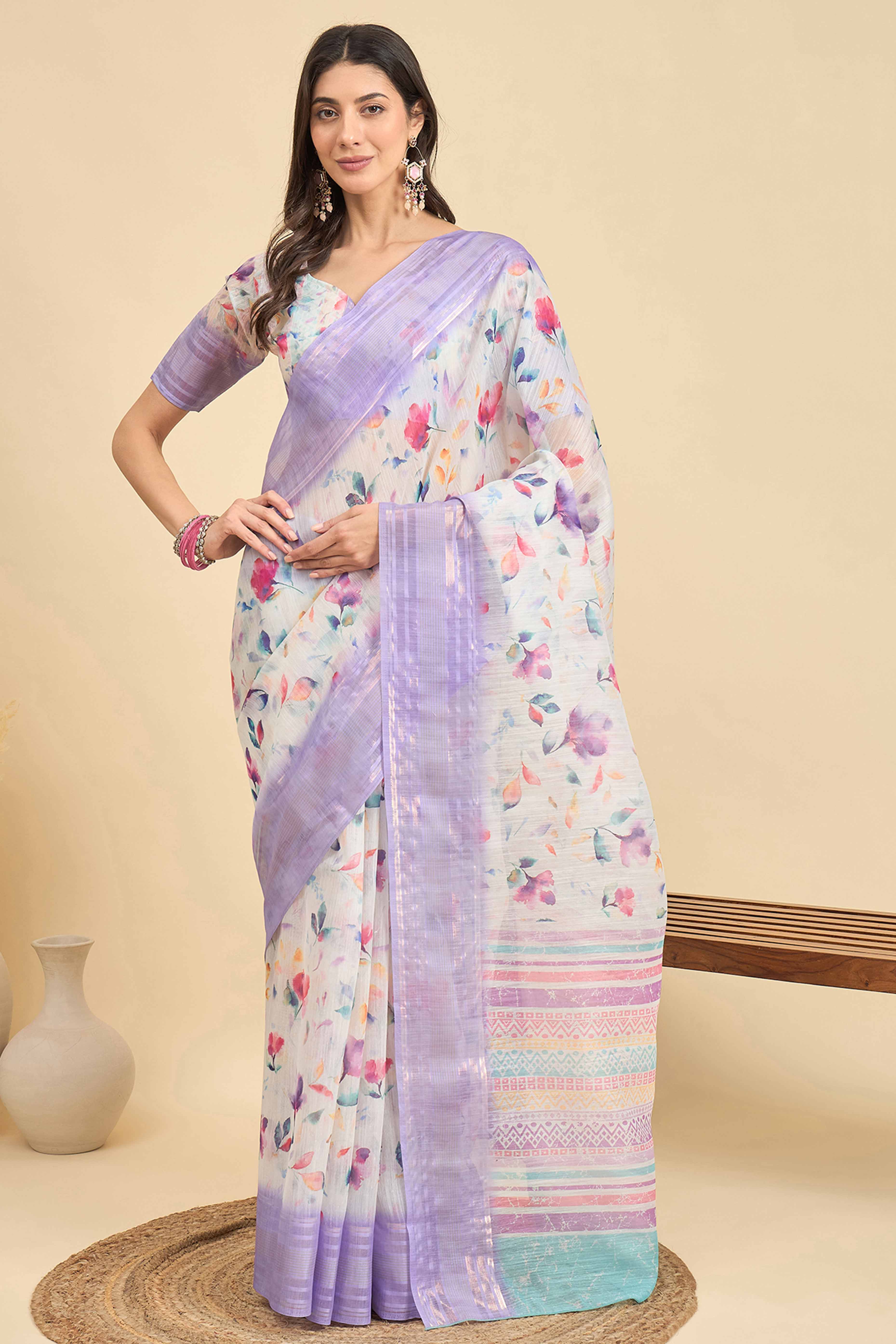 White & Lavender Floral Printed Soft Linen Saree