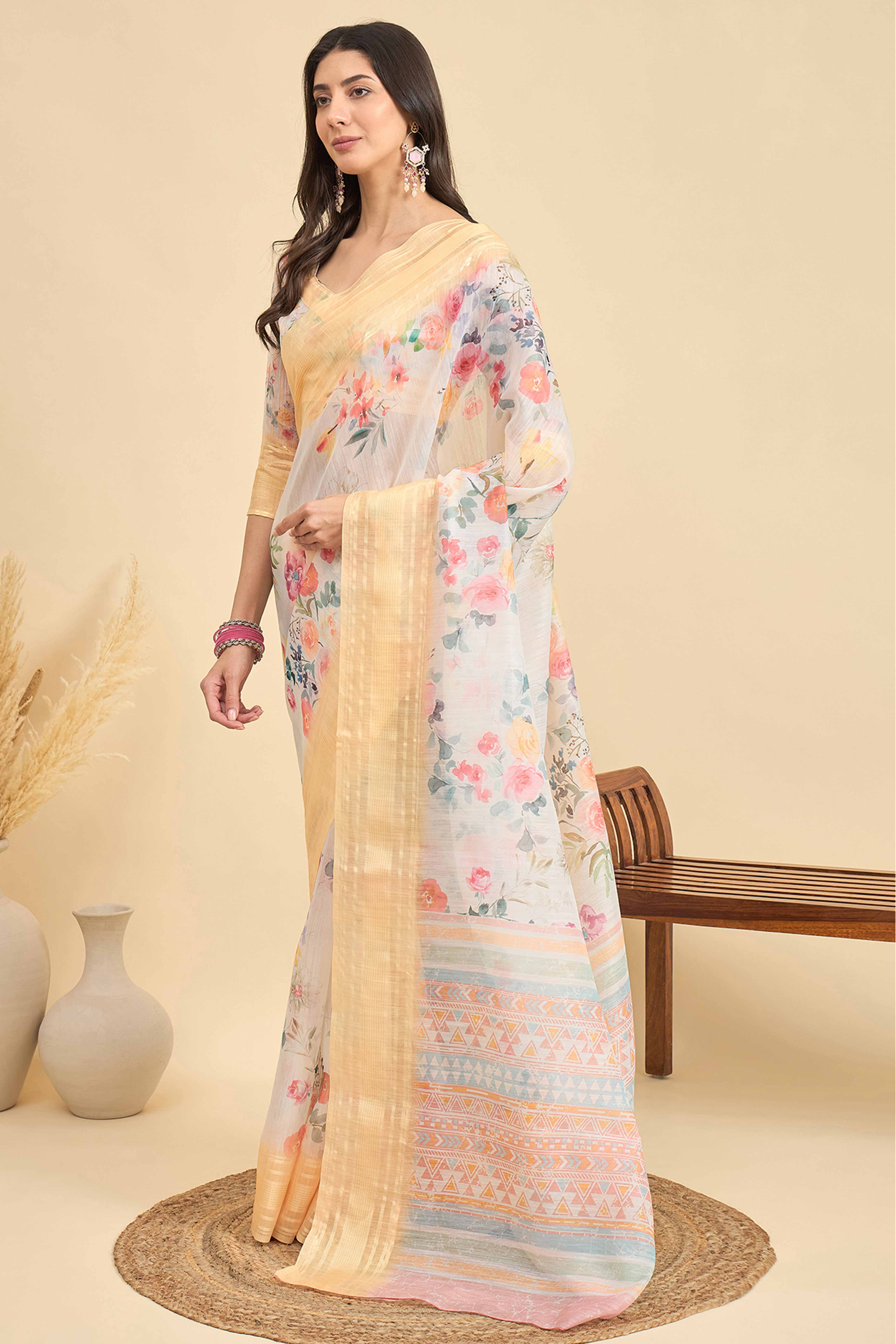 White & Light Yellow Floral Printed Soft Linen Saree