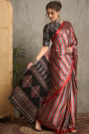 Maroon Ajrakh Print Satin Saree with Traditional Charm