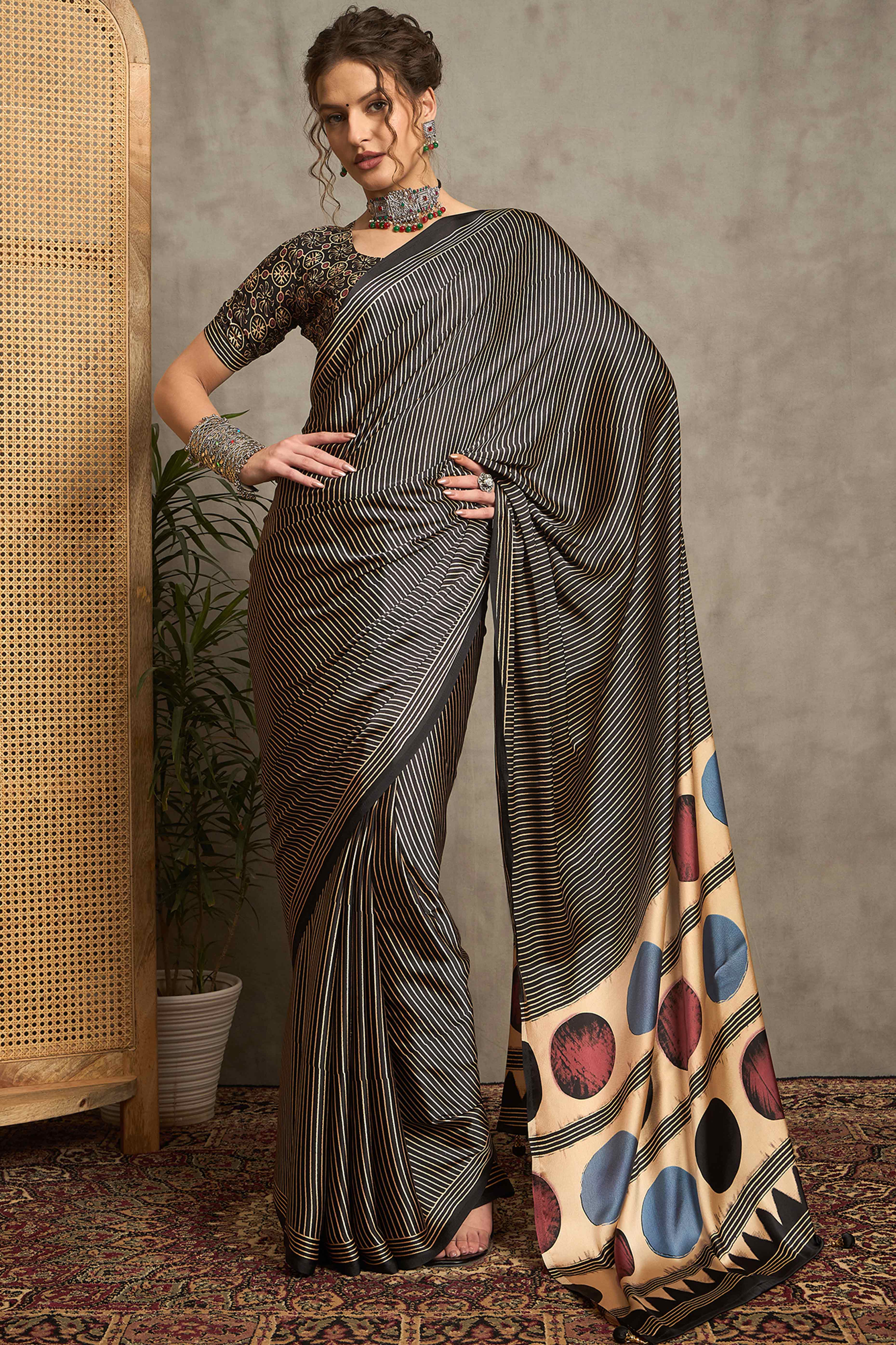 Black Ajrakh Print Satin Saree with Traditional Charm