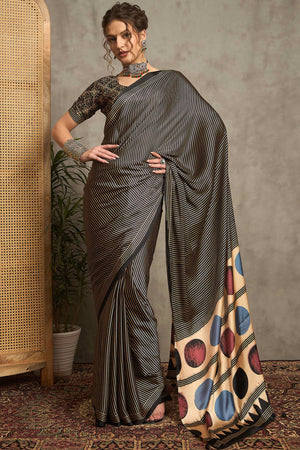 Black Ajrakh Print Satin Saree with Traditional Charm
