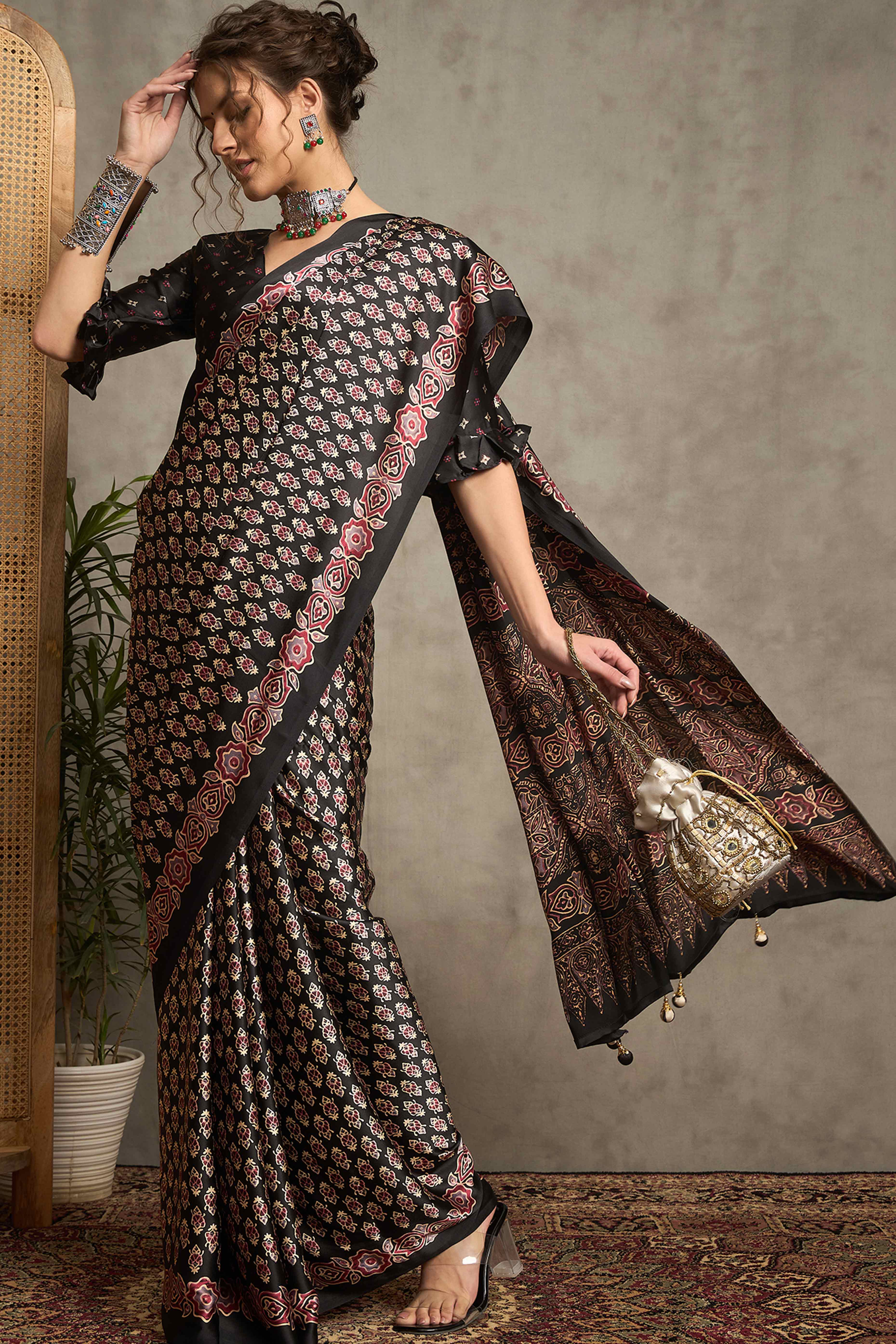 Black Ajrakh Print Satin Saree with Traditional Charm