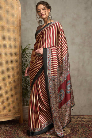 Maroon Ajrakh Print Satin Saree with Traditional Charm