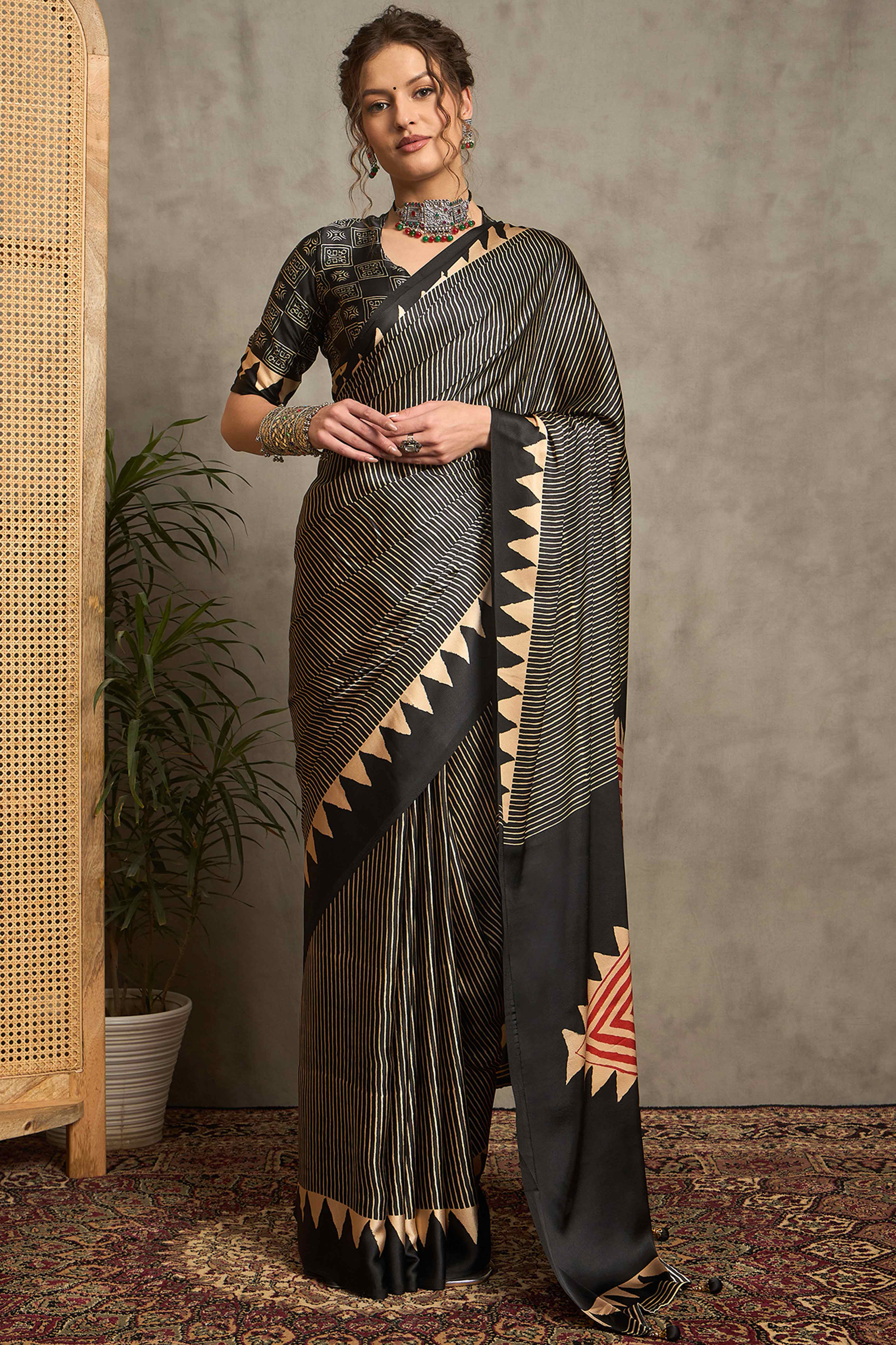Black Ajrakh Print Satin Saree with Traditional Charm