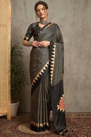 Black Ajrakh Print Satin Saree with Traditional Charm