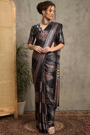 Black Ajrakh Print Satin Saree with Traditional Charm