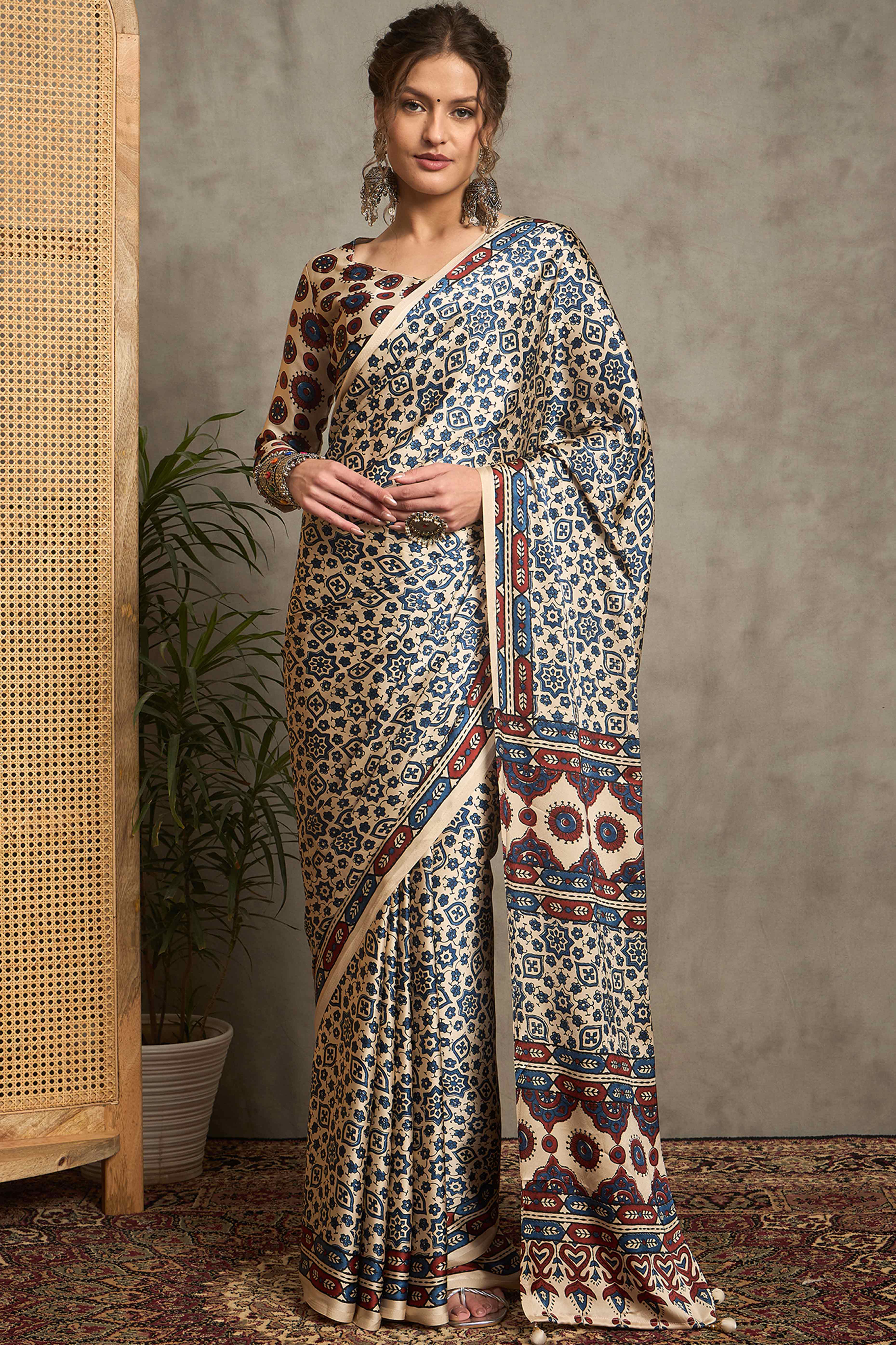 Cream Ajrakh Print Satin Saree with Traditional Charm