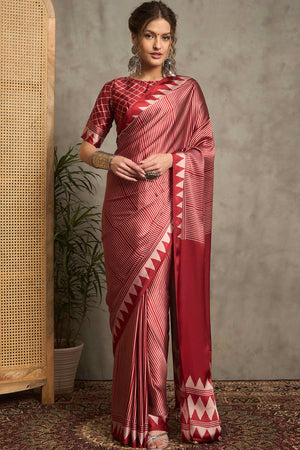 Maroon Ajrakh Print Satin Saree with Traditional Charm