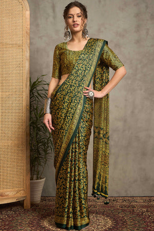 Green Ajrakh Print Satin Saree with Traditional Charm