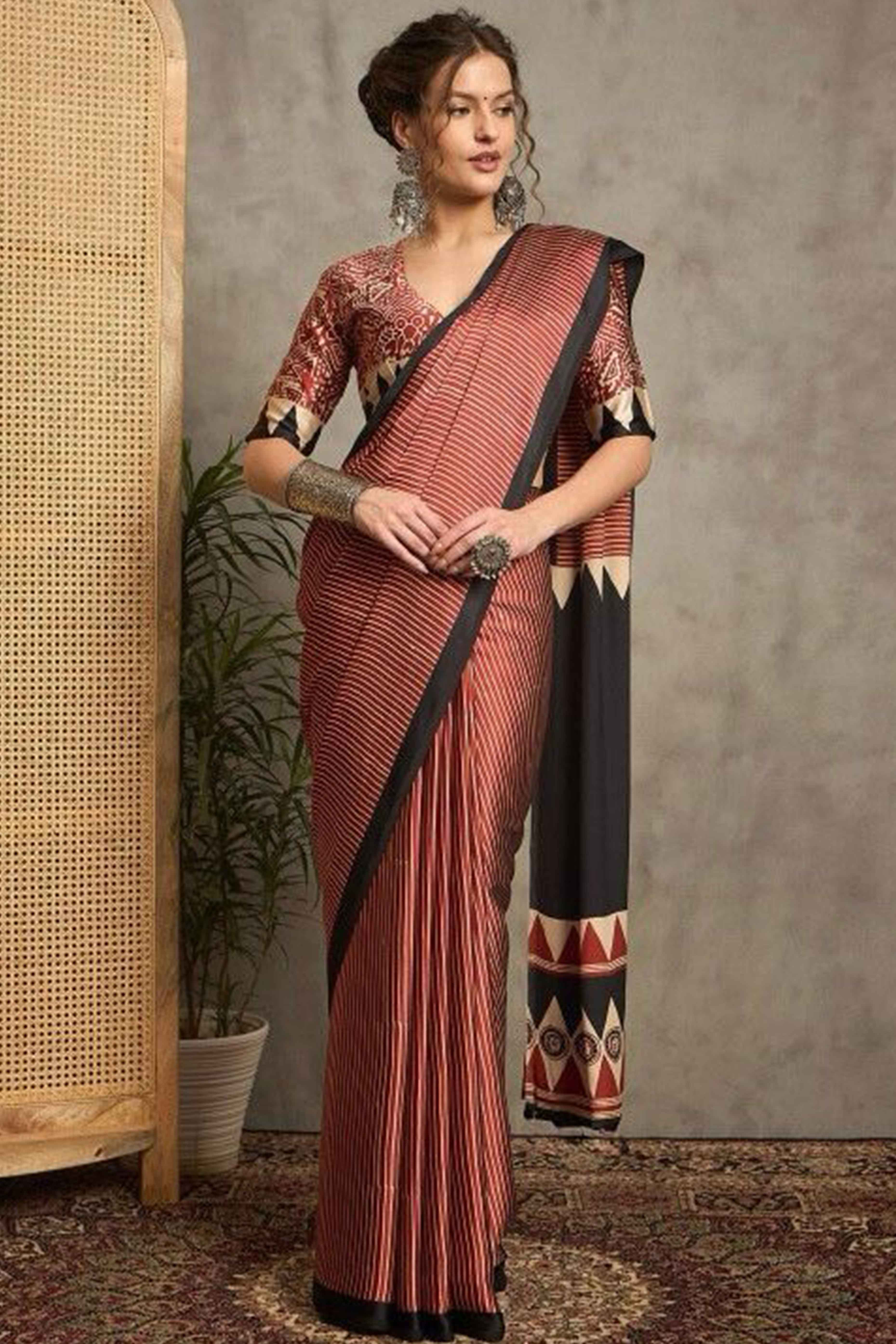 Maroon Ajrakh Print Satin Saree with Traditional Charm