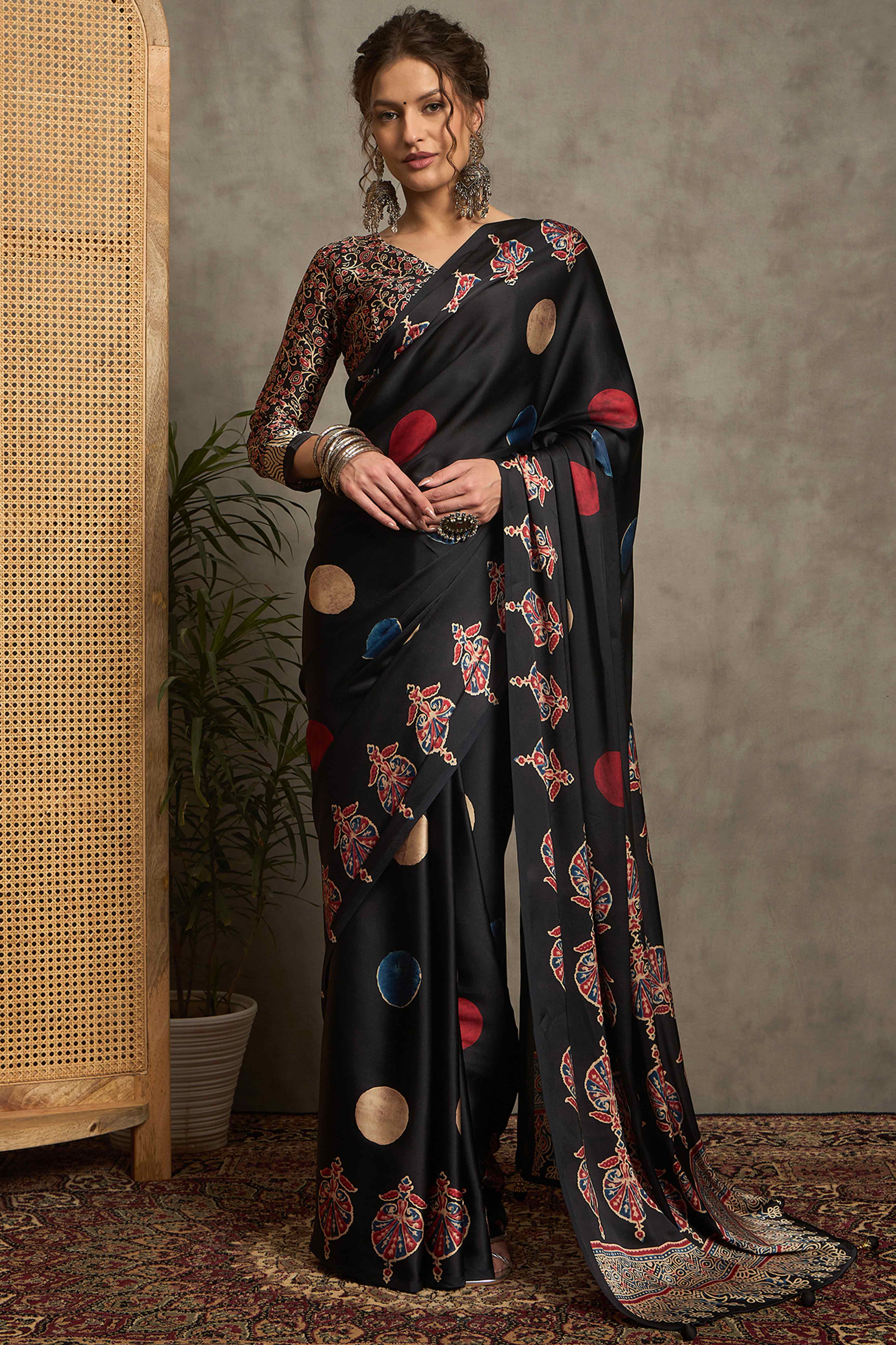Black Ajrakh Print Satin Saree with Traditional Charm