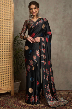 Black Ajrakh Print Satin Saree with Traditional Charm