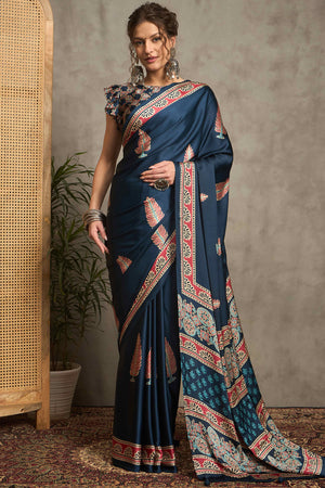 Teal Ajrakh Print Satin Saree with Traditional Charm