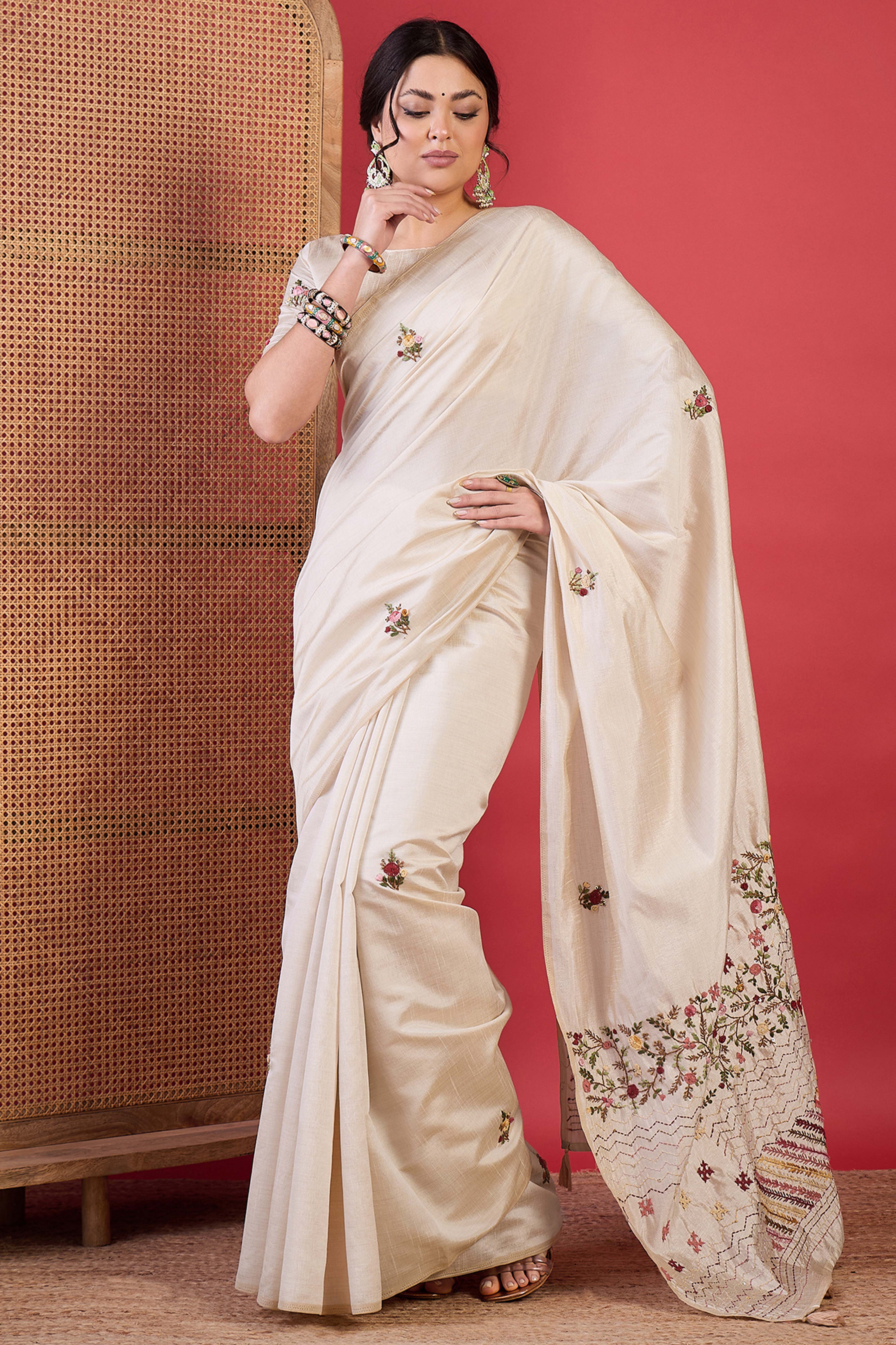 Cream Tussar Silk Saree Highlighted with Fine Thread Embroidery