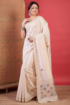 Cream Classic Tussar Silk Saree with Intricate Thread Work Embellishment