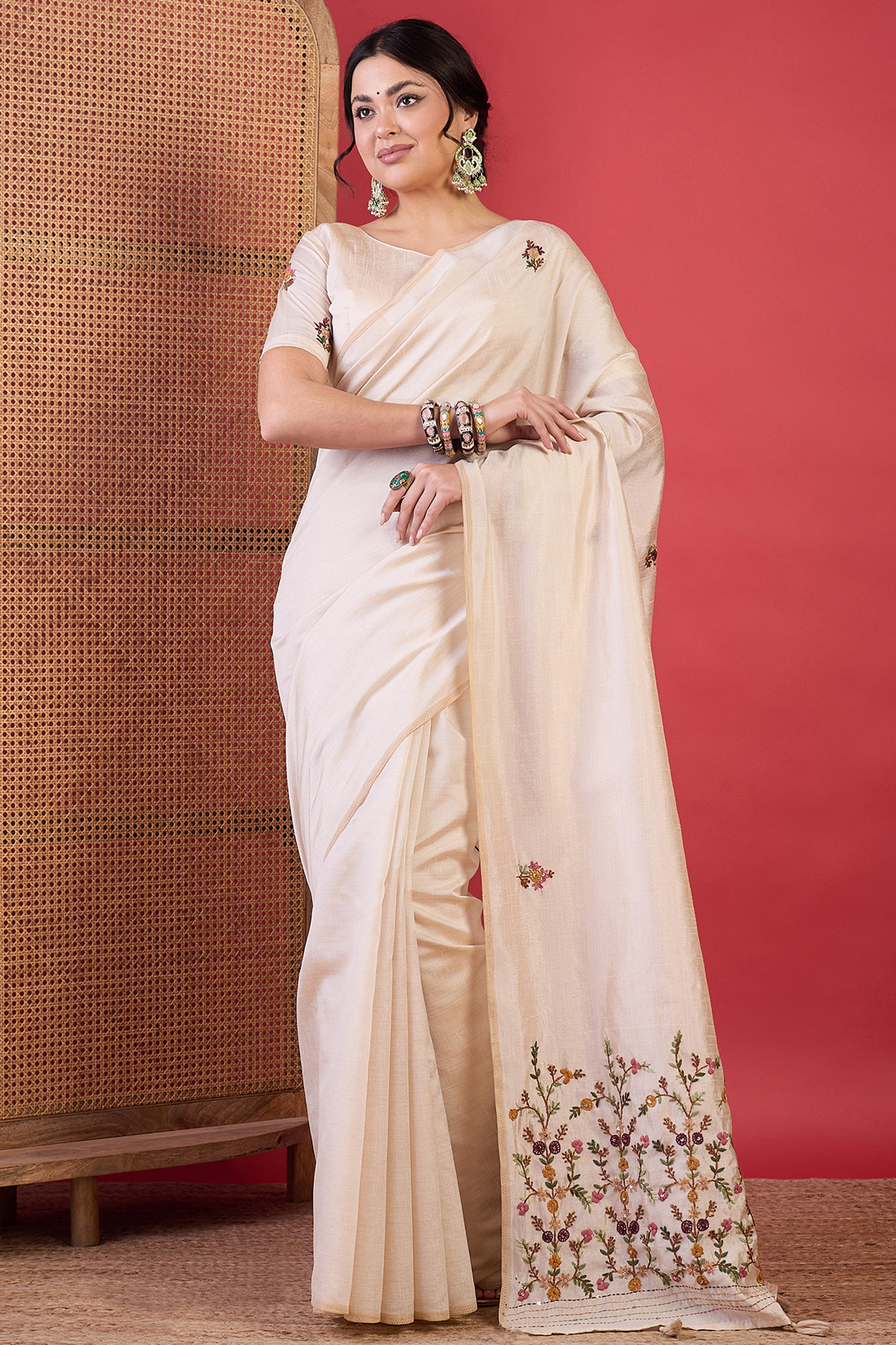 Cream Premium Festive Wear Tussar Silk Saree with Elegant Thread Work