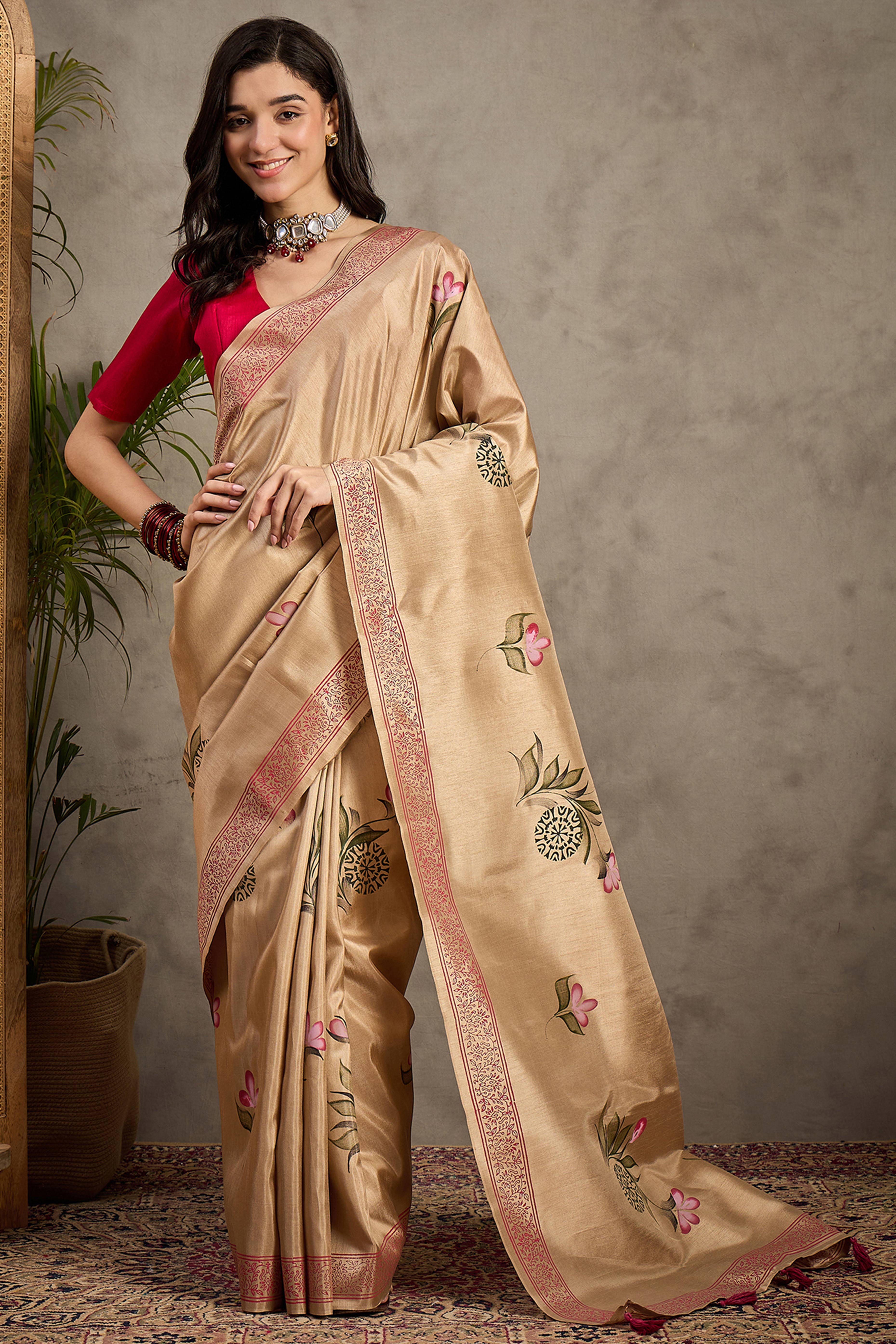 Beige Botanical Print Kozi Cotton Silk Saree Embellished With Elegant Tassel Edges