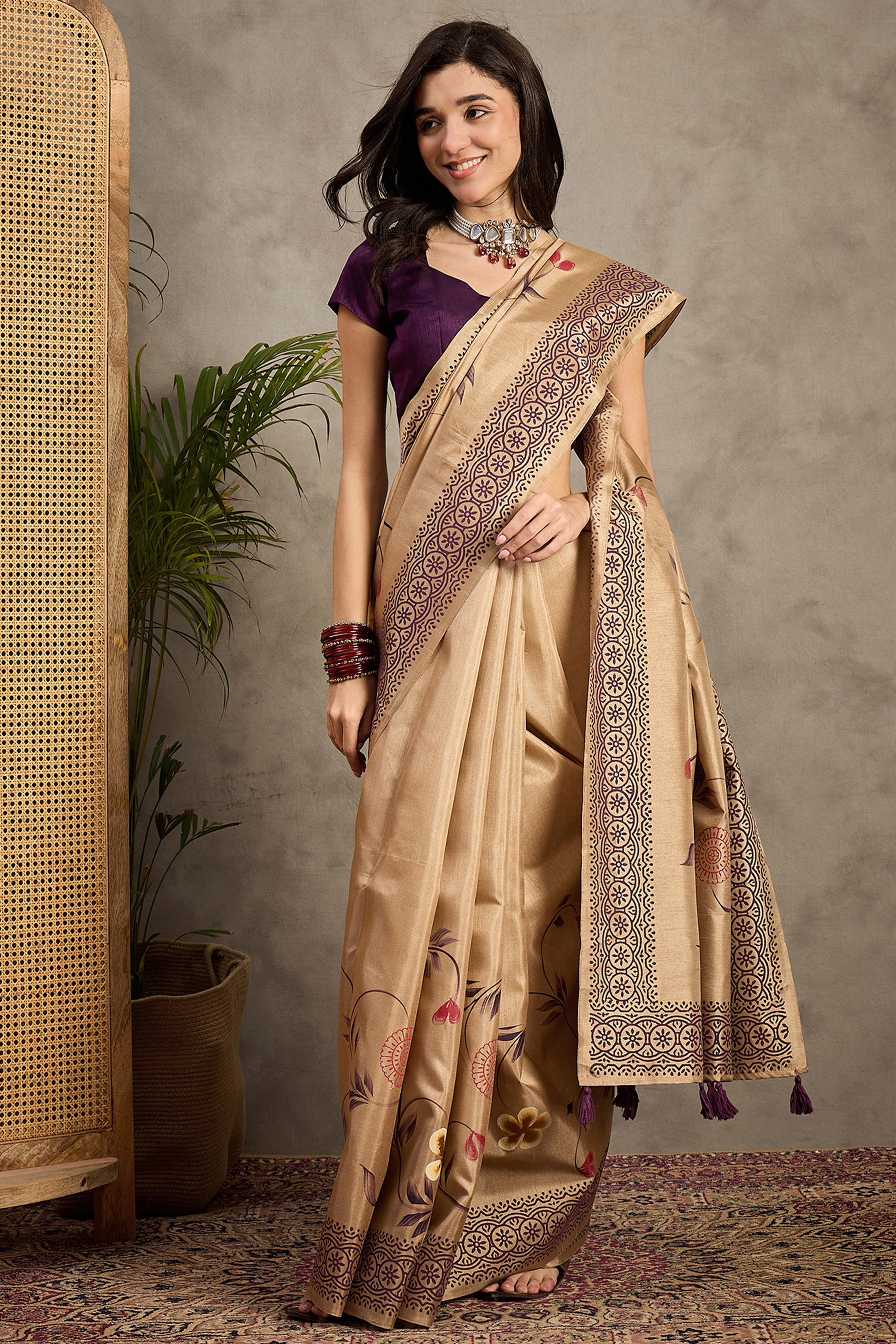 Classic Beige Floral Printed Kozi Cotton Silk Saree With Chic Tassel Embellishment Pallu