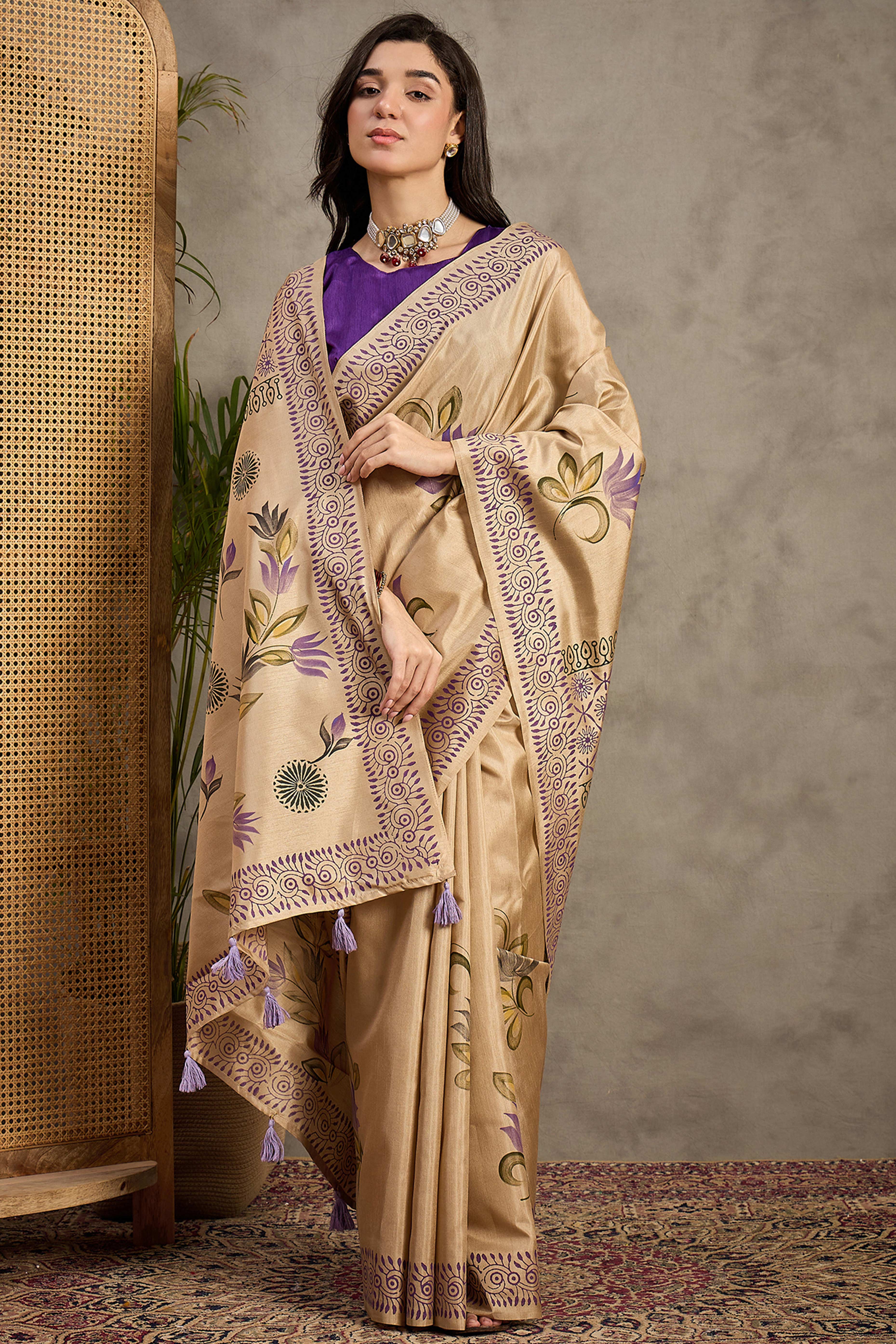 Timeless Beige Floral Printed Kozi Cotton Silk Saree Enhanced With Playful Tassel Pallu