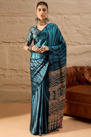 Ajrakh Print Dark Teal Satin Saree with Ethnic Appeal