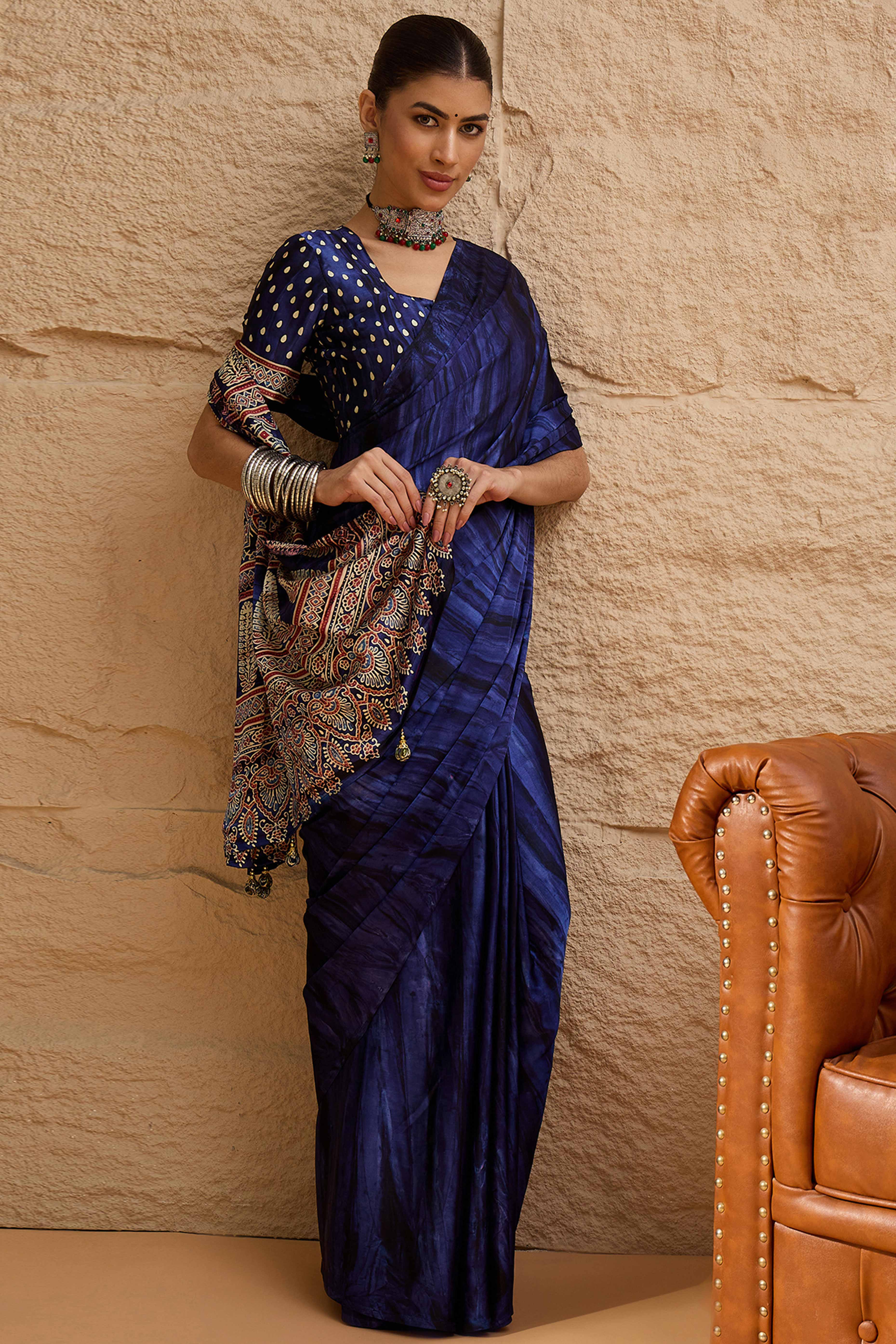Ajrakh Print Violet Satin Saree with Ethnic Appeal