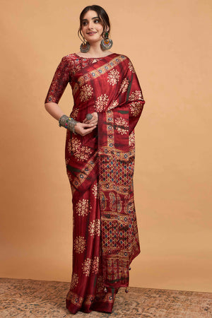 Red Floral Ajrakh & Batik Print Saree In Luxurious Modal Satin With Tassel Pallu
