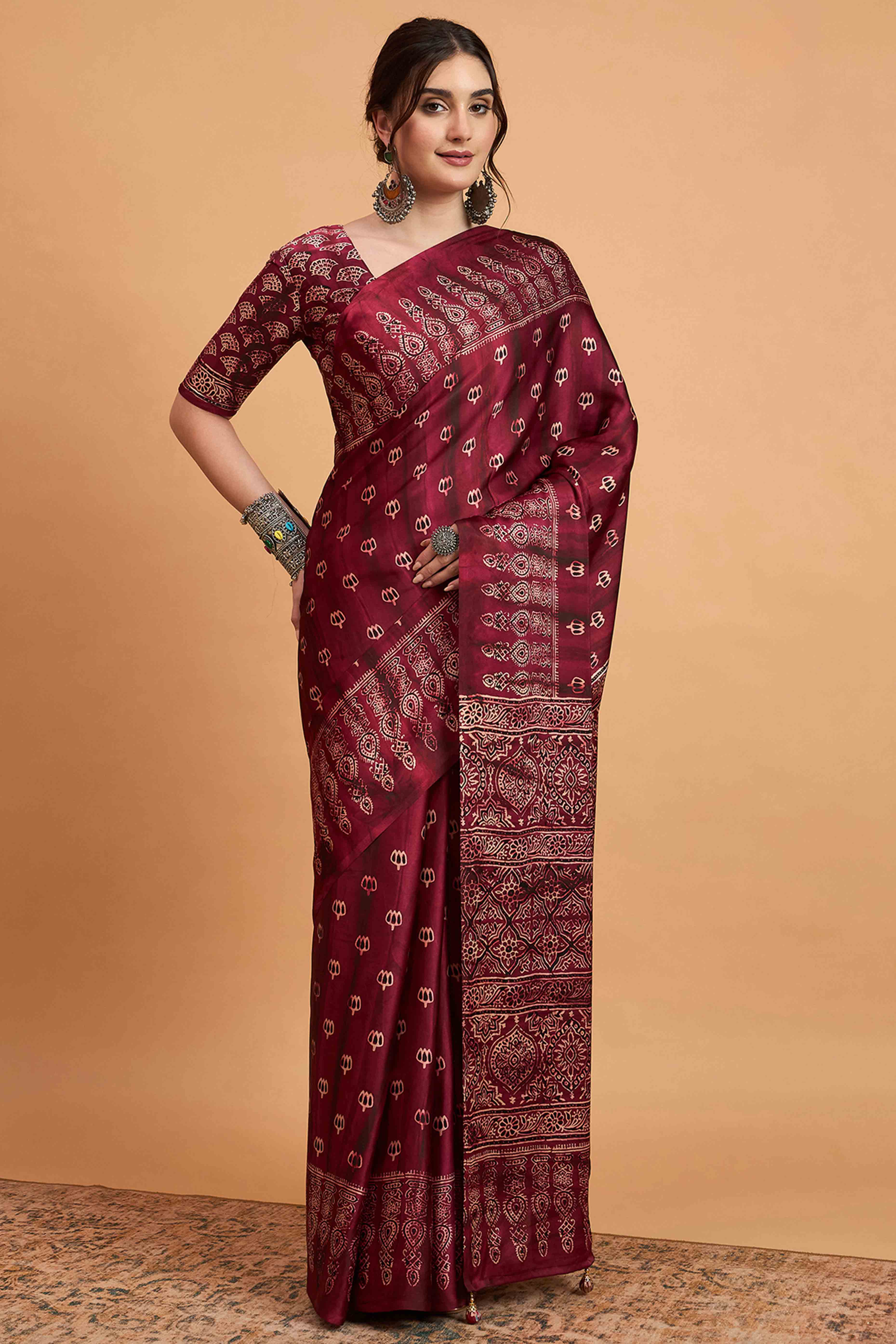 Pink Floral Ajrakh & Batik Print Saree In Luxurious Modal Satin With Tassel Pallu